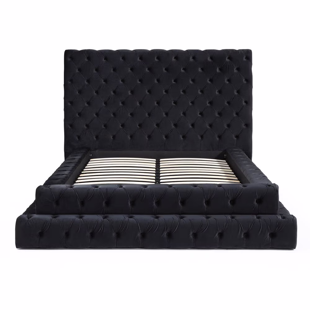 Better Home Products Velvet Queen Bed with Deep Button Tufting in Black