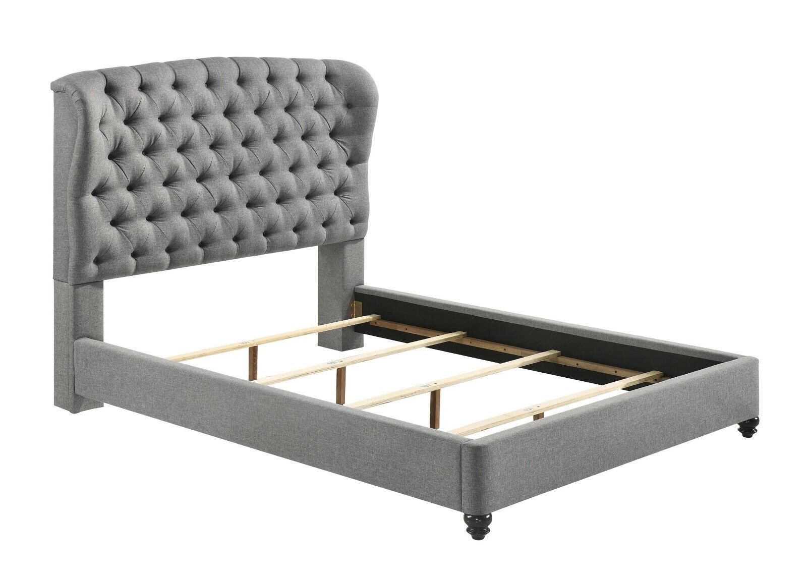 1pc Queen Size Gray Fabric Upholstered Panel Bed Curve Tall Headboard Furniture