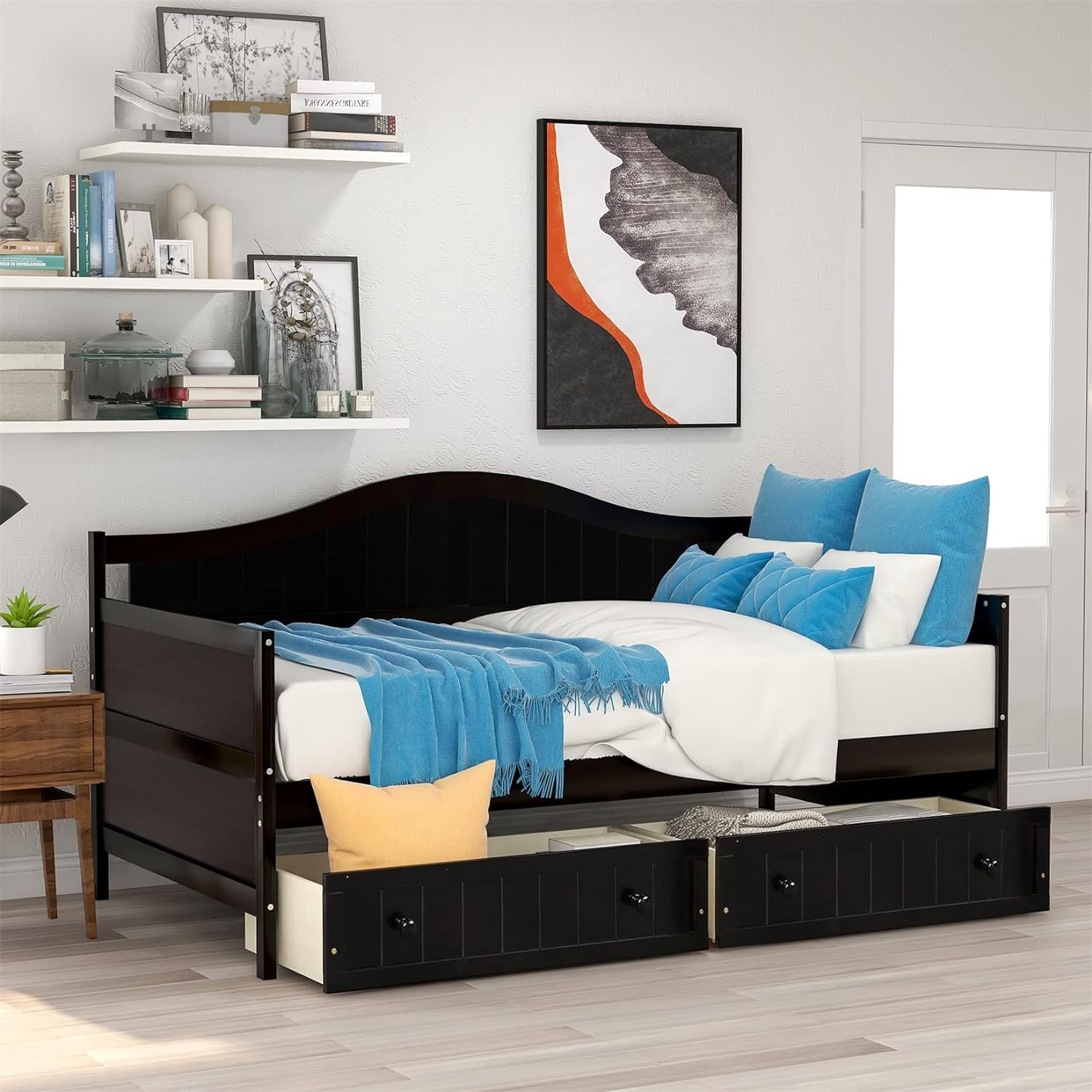Daybed With Storage Drawers Wood Day Bed Frame For Living Room Bedroom Dual-Use Sofa Beds For Kids Guests Sleepovers, Espresso
