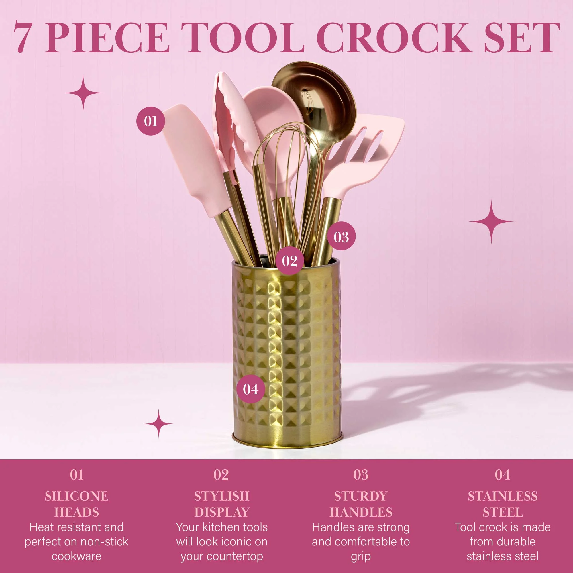 Paris Hilton 7-Piece Cooking Utensils Set, Silicone and Stainless Steel, Pink