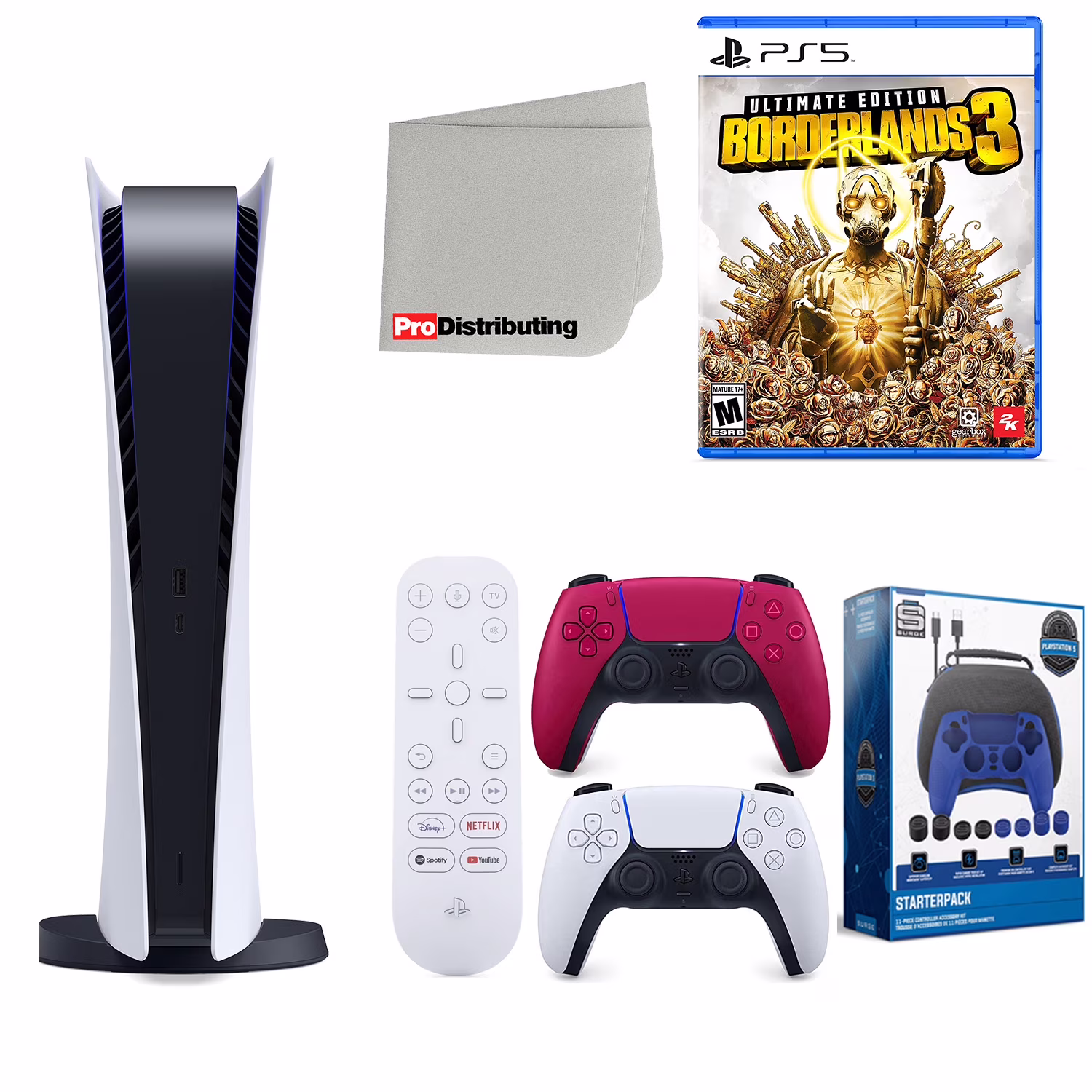 Sony Playstation 5 Digital Version (Sony PS5 Digital) with Cosmic Red Extra Controller, Media Remote, Borderlands 3 Ultimate Edition, Accessory Starter Kit and Microfiber Cleaning Cloth Bundle