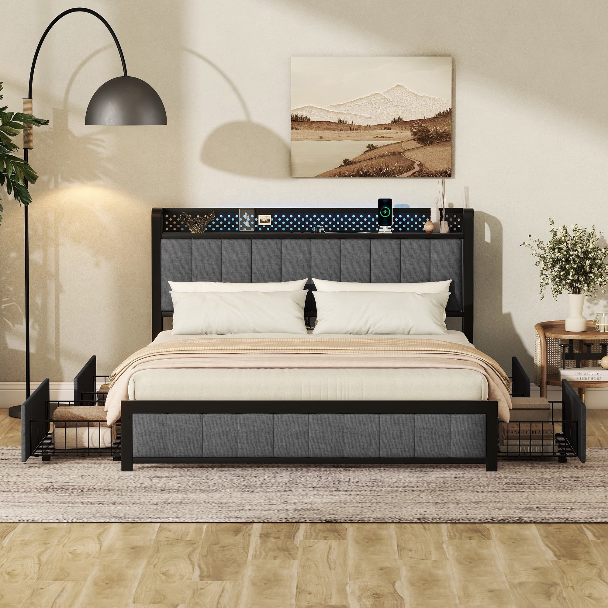 Queen Bed Frame with LED Headboard, Upholstered Bed with 4 Storage Drawers and USB Ports, Dark Grey(Expect Arrived Date Oct.16th)
