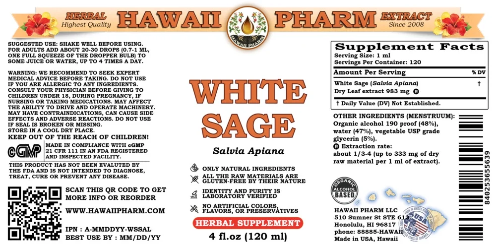 White Sage (Salvia Apiana) Dry Leaf Liquid Extract. Expertly Extracted by Trusted HawaiiPharm Brand. Absolutely Natural. Proudly made in USA. Tincture 4 Fl.Oz