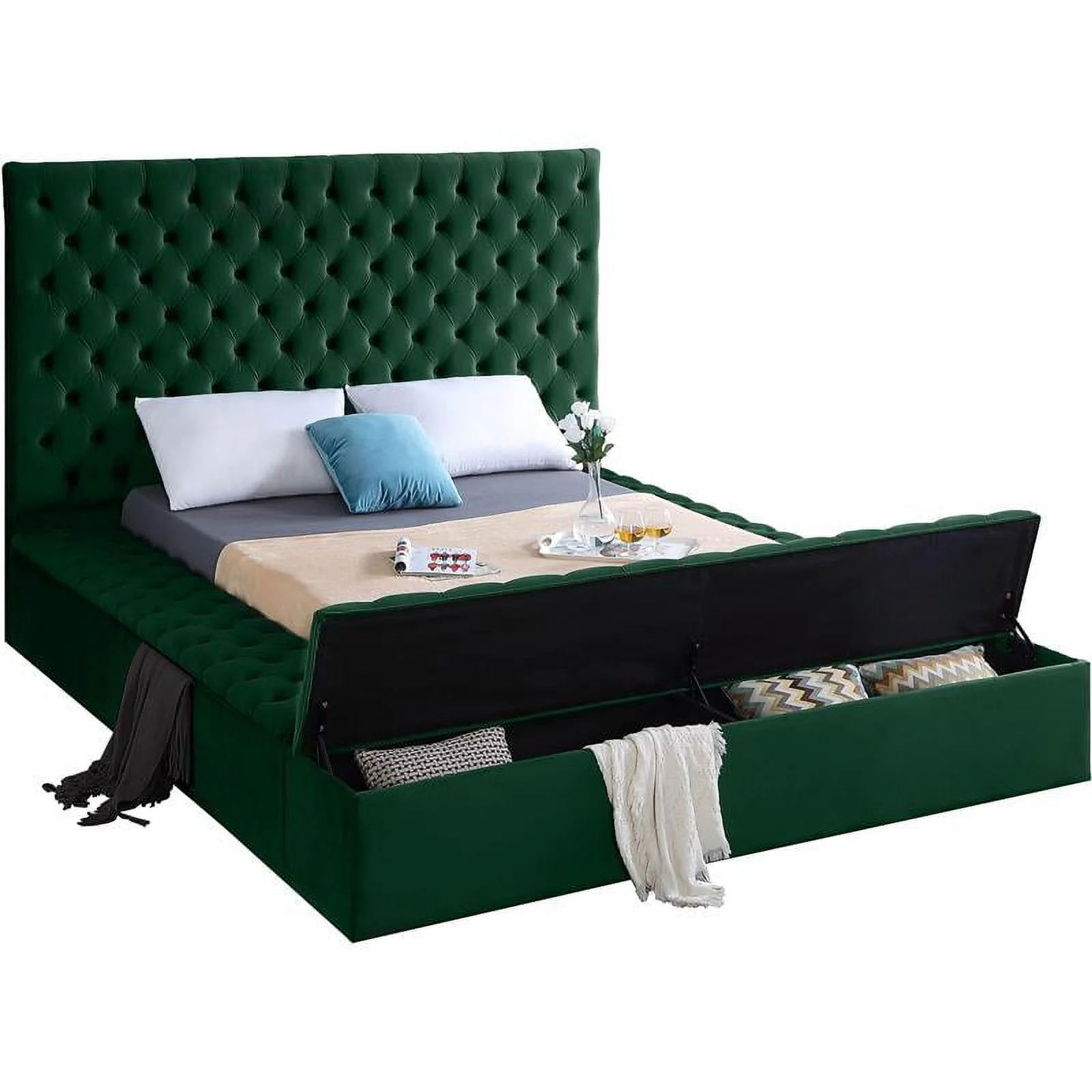 Maklaine Contemporary Solid Wood Tufted Velvet King Bed in Green