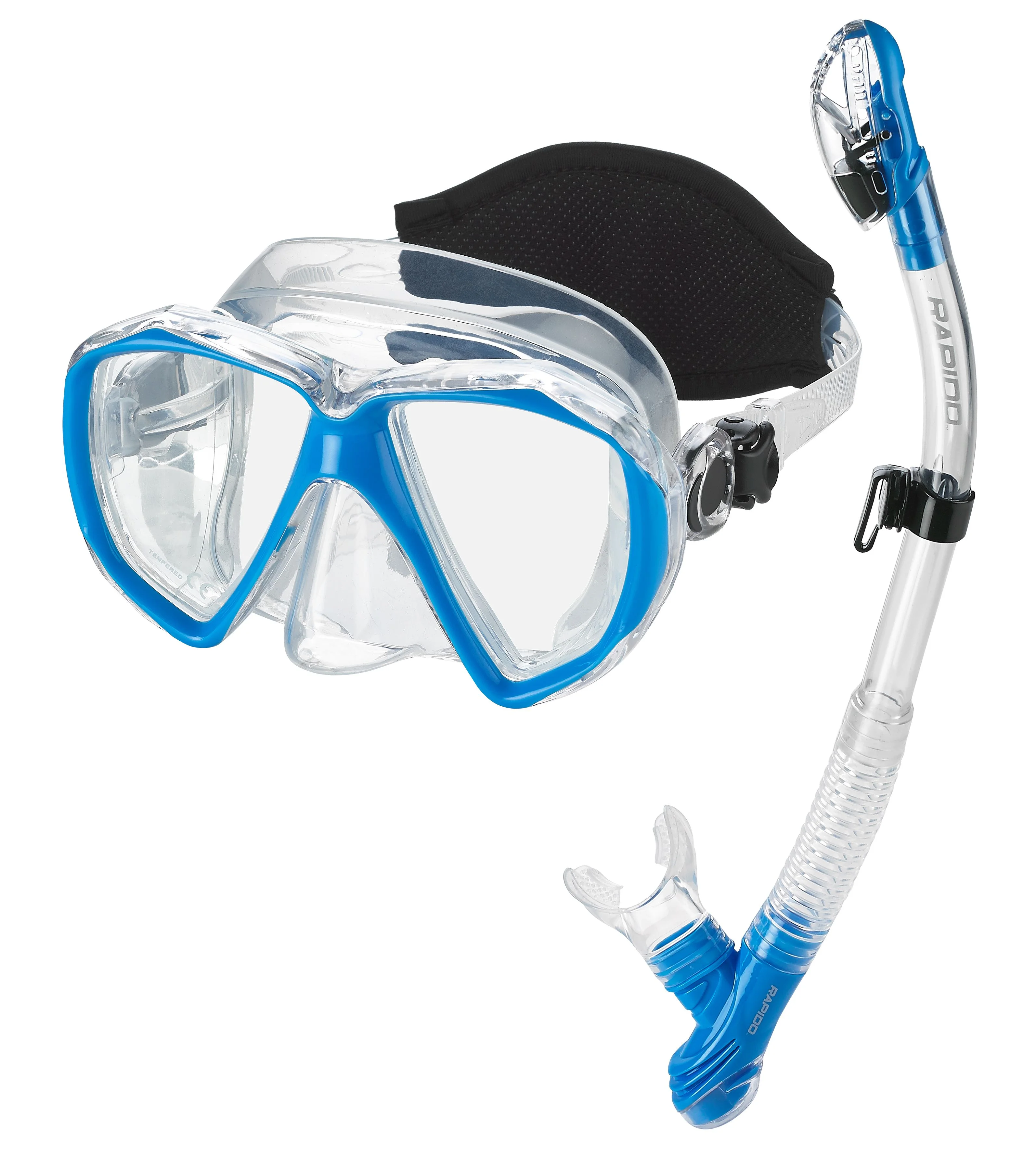 Rapido Boutique Collection Duo Tempered Glass Lens Snorkel Mask with Neoprene Comfort Strap - Scuba Snorkeling Mask Dry Snorkel Set Combo Kit