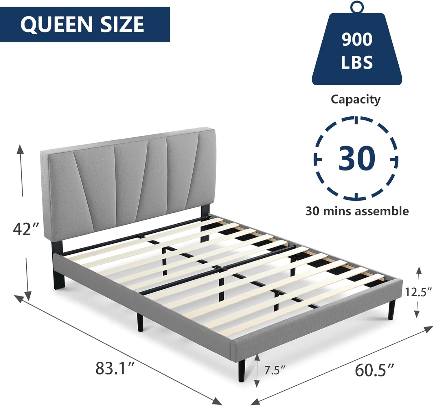 WAGEE Queen Bed Frame Upholstered Platform with Headboard and Strong Wooden Slats, Strong Weight Capacity, Non-Slip and Noise-Free,No Box Spring Needed, Easy Assembly,Light Gray