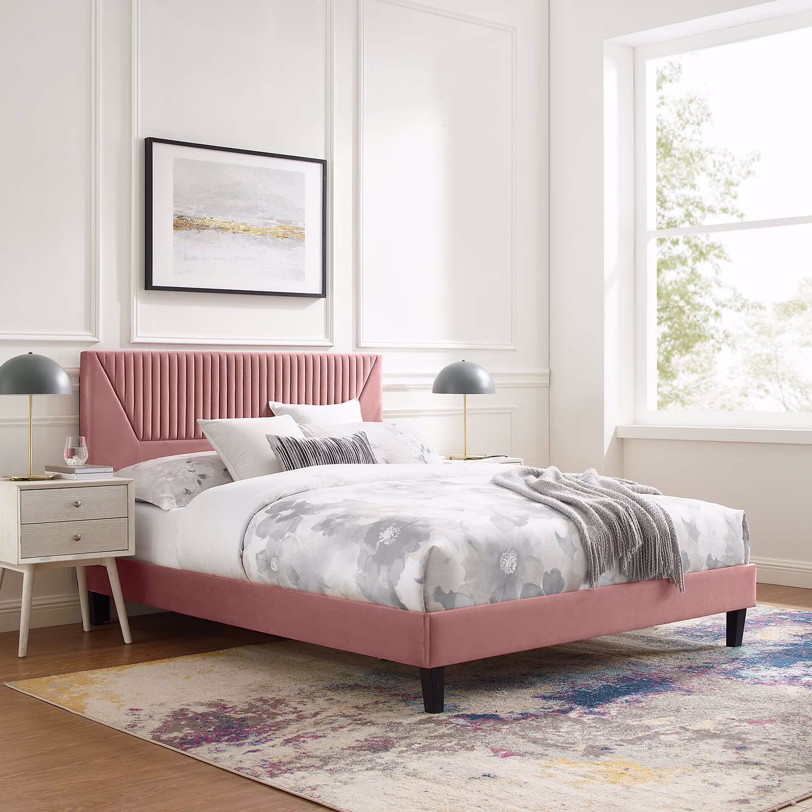 Modway Yasmine Channel Tufted Performance Velvet Twin Platform Bed in Dusty Rose