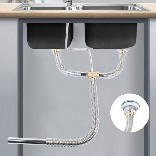 Flexible Pipe Sink Double Bowl Drain Hose Tube Kitchen Bathroom Silver Anti-odor