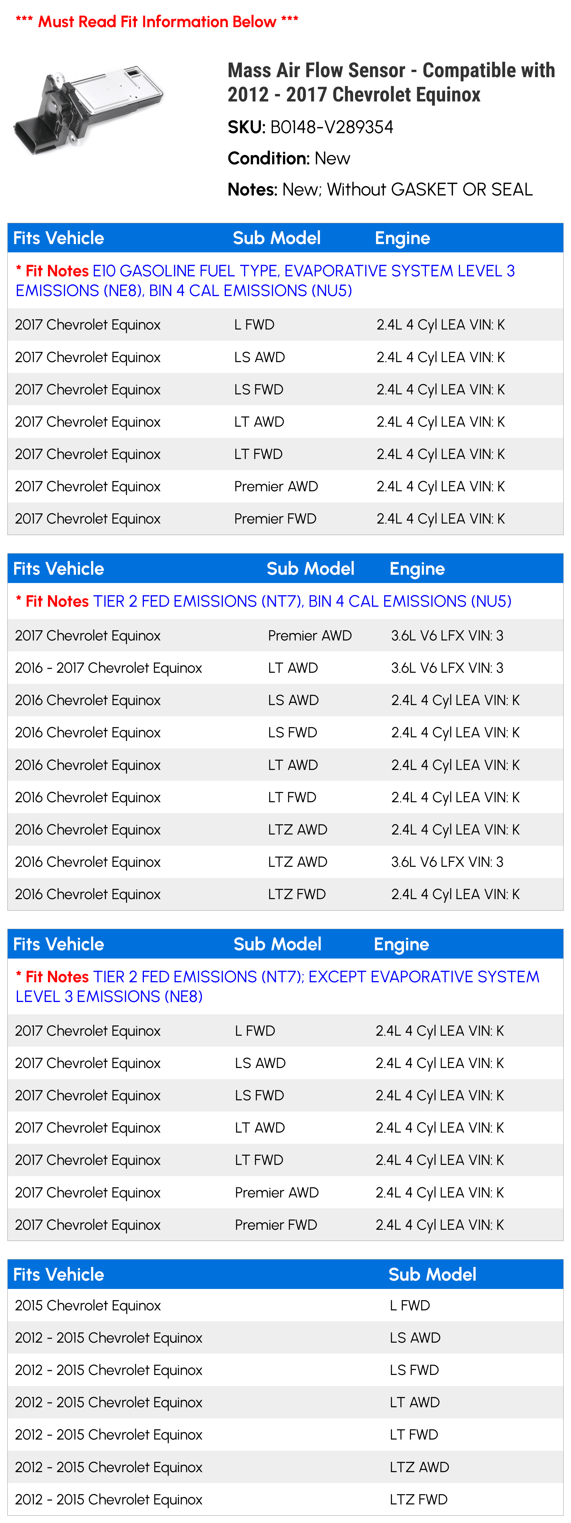 Mass Air Flow Sensor - Compatible with 2012 - 2017 Chevy Equinox 2013 2014 2015 2016