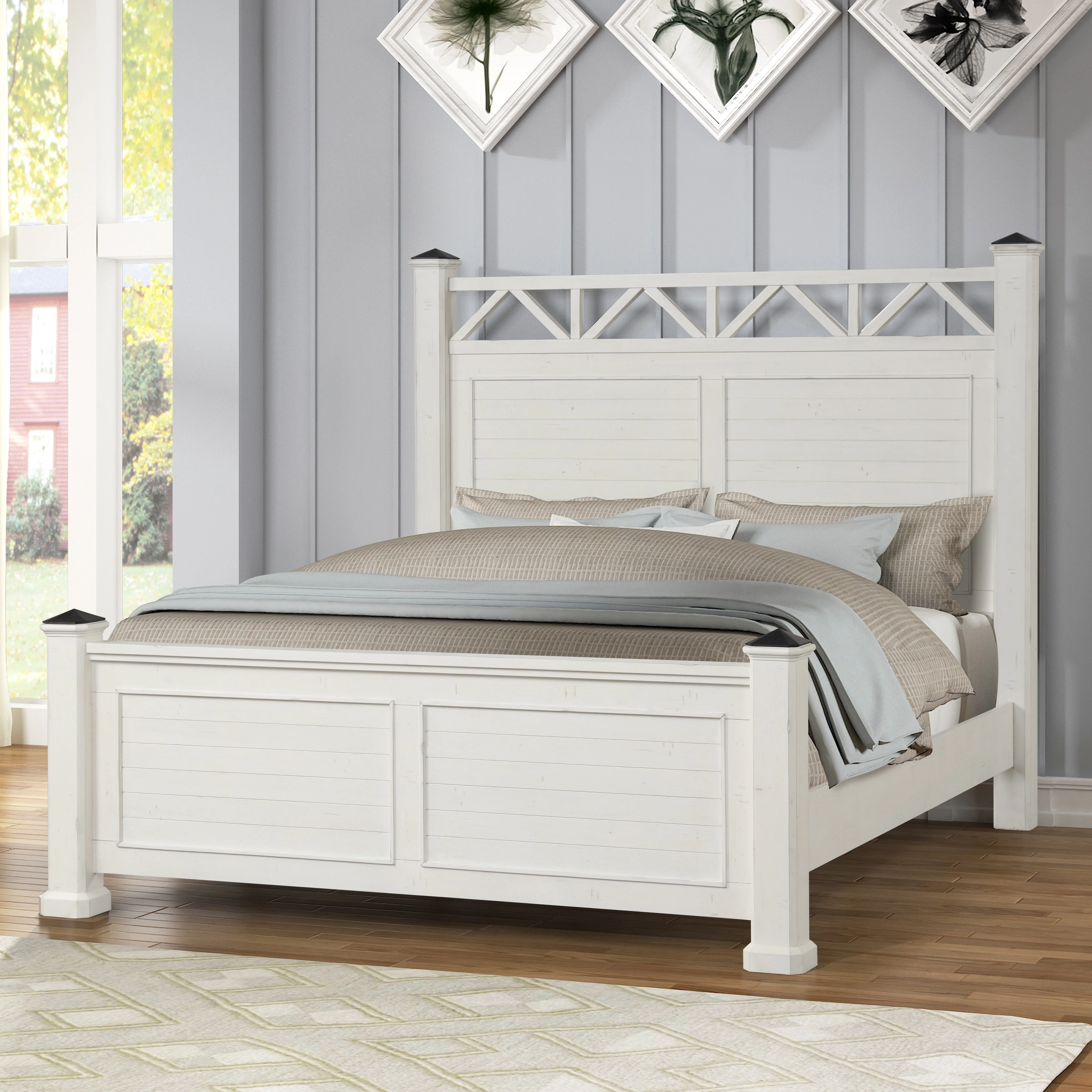 Roundhill Furniture Laria Antique White Finish Wood Panel Bed with Dresser, Mirror, and Nightstand, King Size