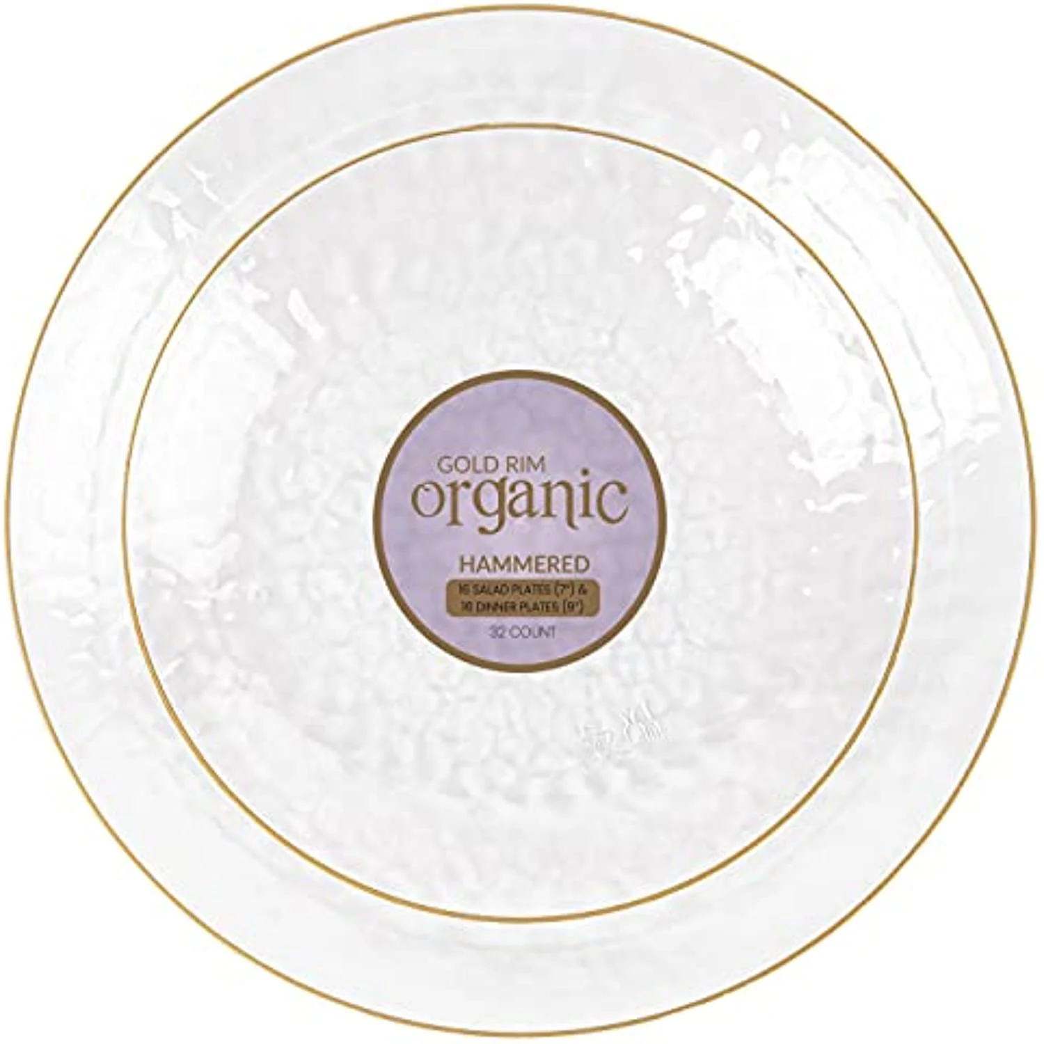 Plasticpro 64 Piece Combo Plates Set includes 32 7'' inch Plates & 32 9'' inch Plates Clear Plastic Organic Hammered Design Party Plates With Gold Rim, Premium heavyweight Elegant, Disposable, Dishes, 64 64 Plates (32 sets)