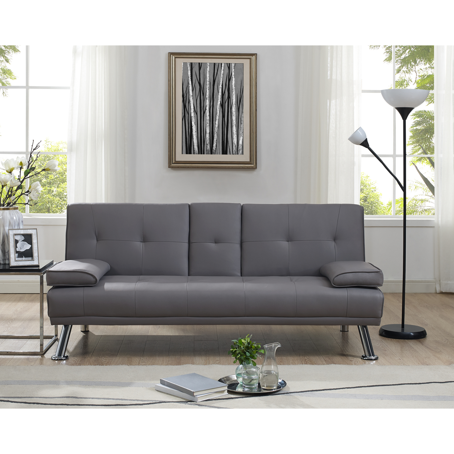 Convertible Faux Leather Futon Sofa Bed, Folding Sofa Couch with arm rest, 2 cup holders and Chrome metal Legs, Gray