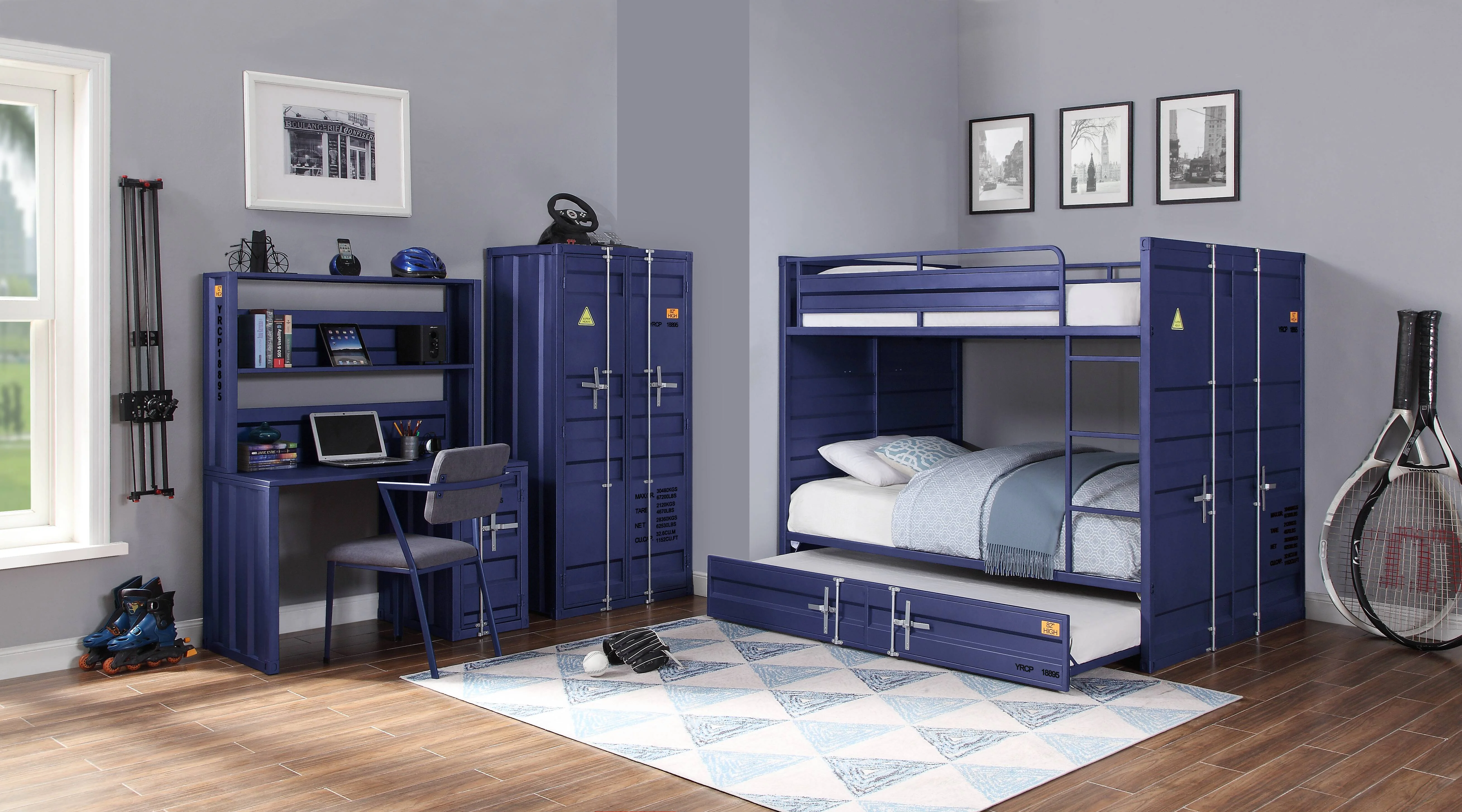 ACME Cargo Full over Full Bunk Bed with Built-In Ladder in Blue Metal