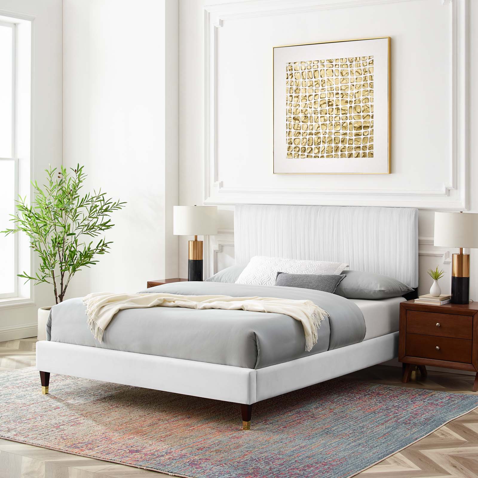 Platform Bed Frame, Twin Size, Velvet, White, Modern Contemporary Urban Design, Bedroom Master Guest Suite
