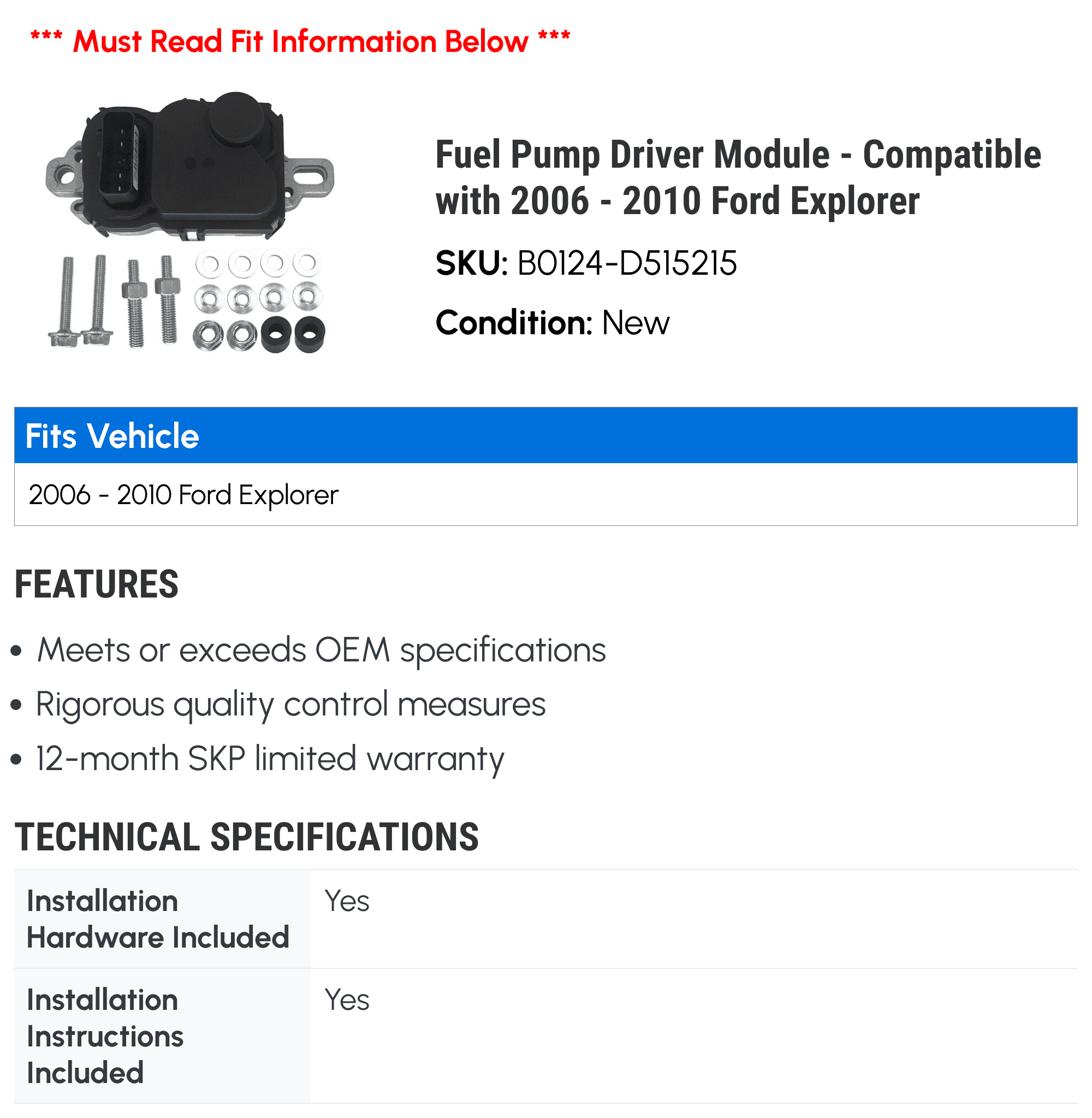 Fuel Pump Driver Module - Compatible with 2006 - 2010 Ford Explorer 2007 2008 2009
