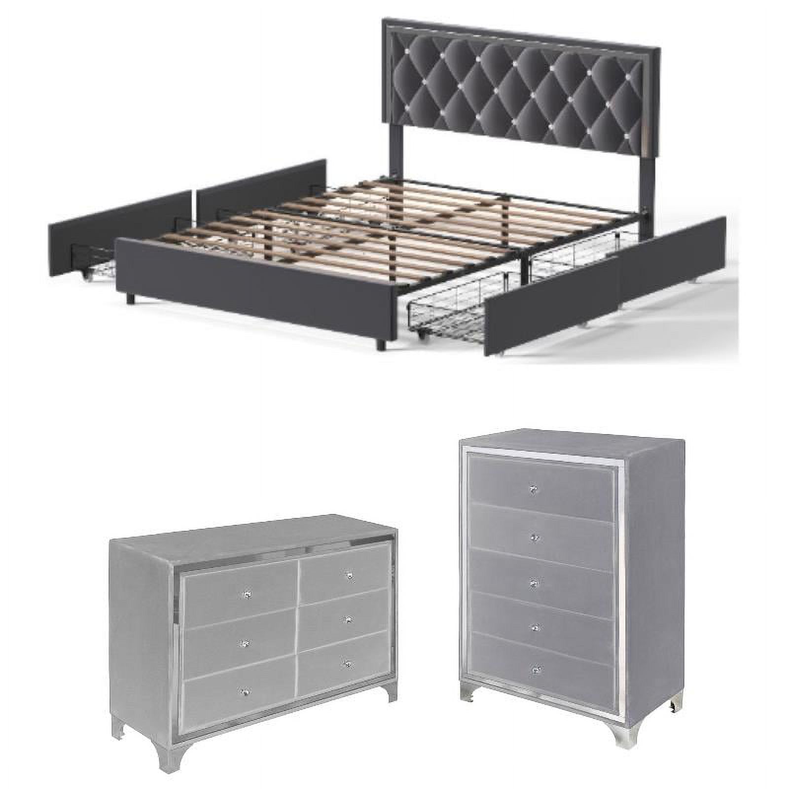 Home Square 3-Piece Set with 5 Drawer Chest & Dresser & King Bed in Gray