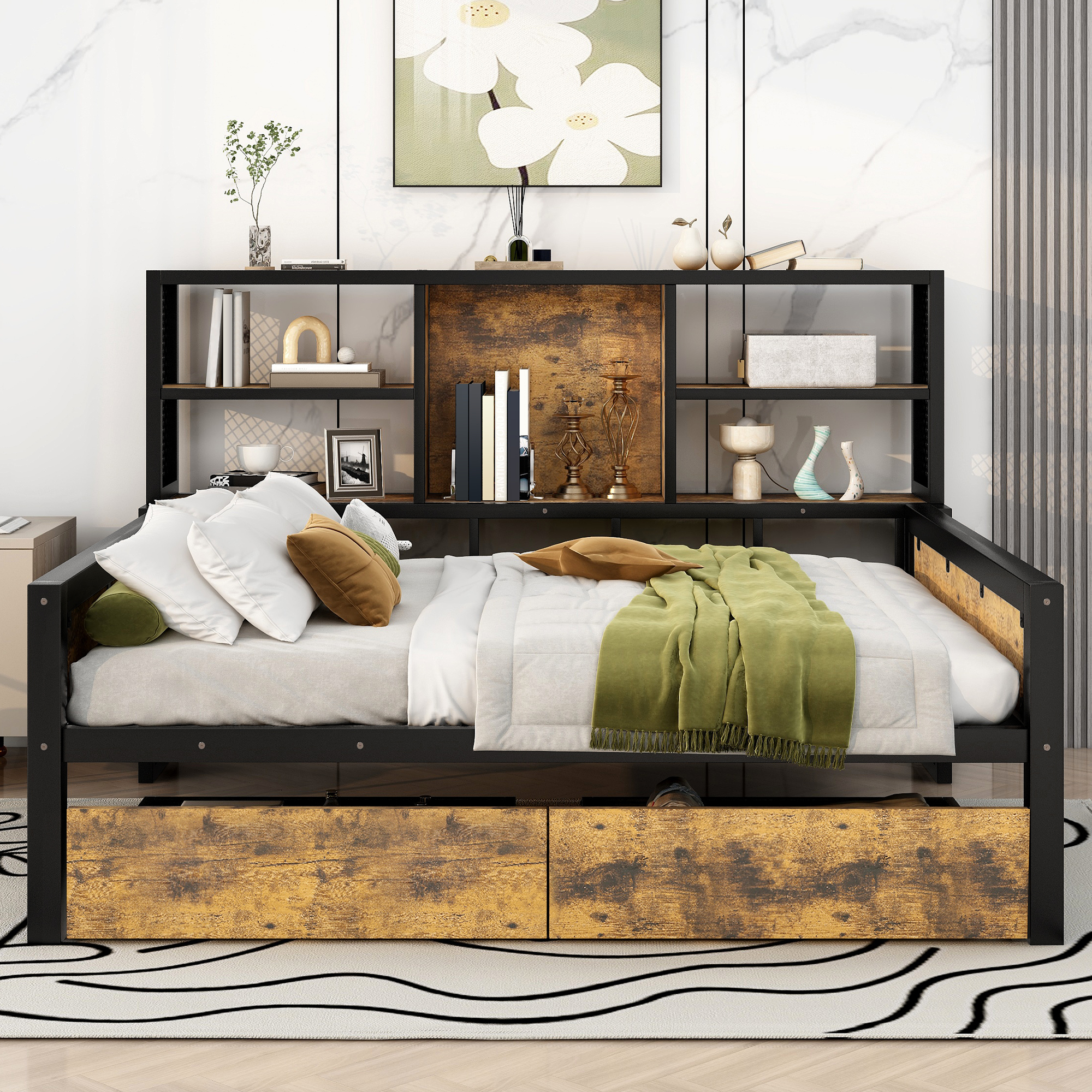 Full-Size Metal Cabin Daybed with Integrated Storage Shelves and Pull-out Drawers