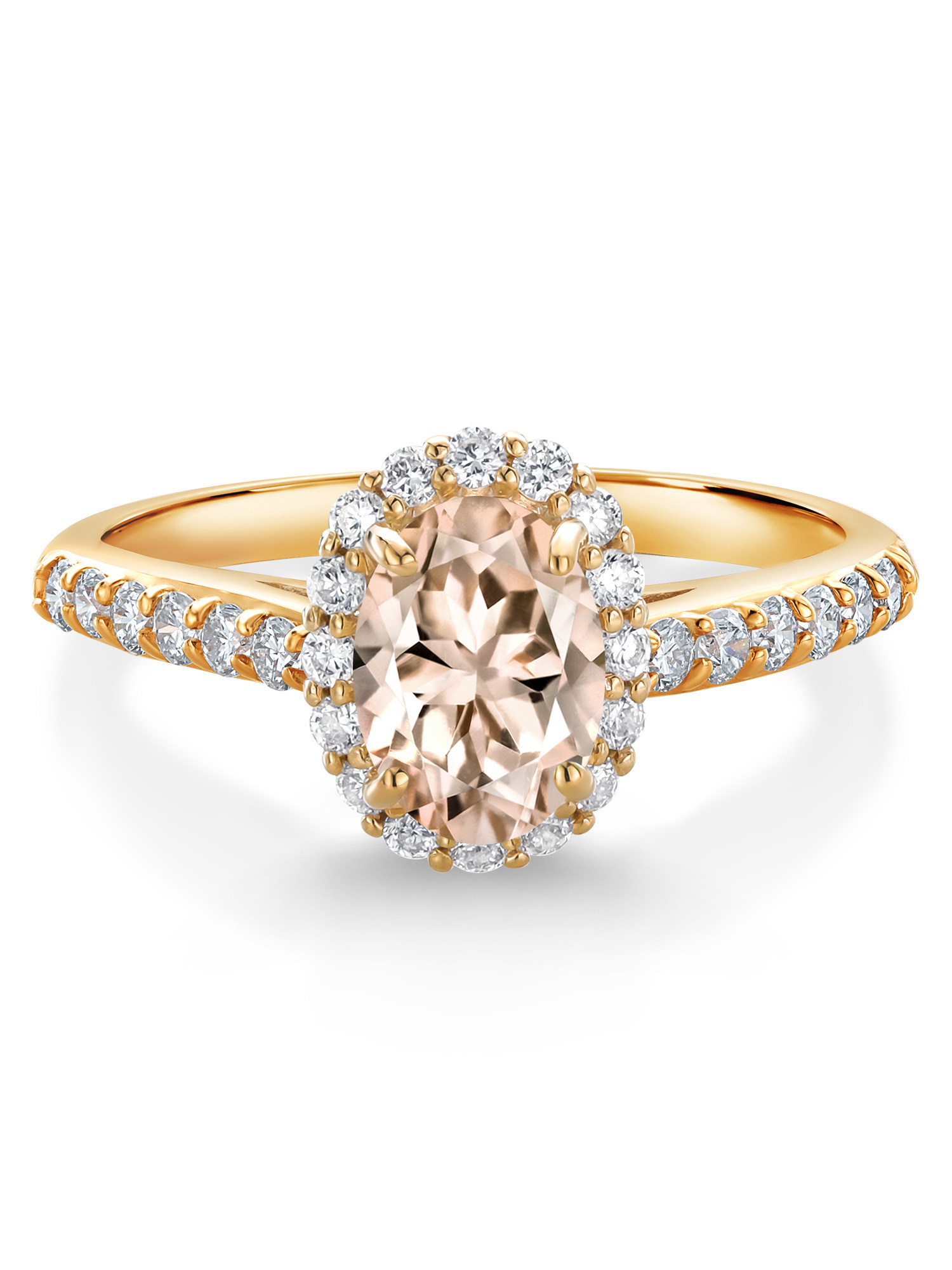 Gem Stone King 10K Yellow Gold Peach Morganite and White Lab Grown Diamond Halo Engagement Ring For Women (0.96 Cttw, Gemstone October Birthstone, Oval 7X5MM)