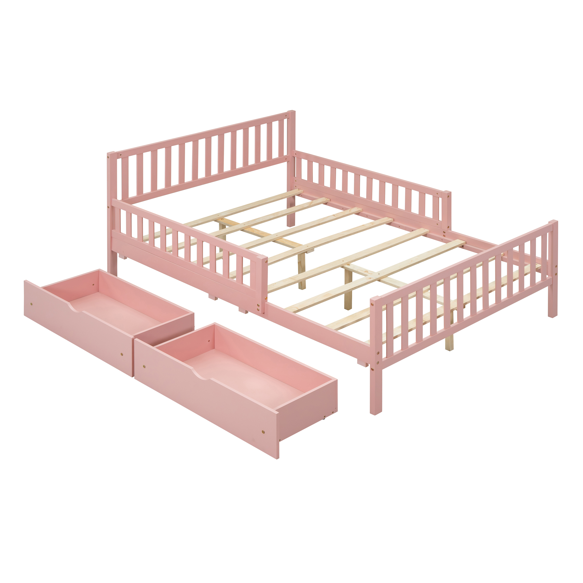 uhomepro Queen Bed Frame with 2 Storage Drawers, Platform Bed Frame with Guardrail, Full Size Bed Frame with Headboard and Footboard, Bed Frames for Kids, Adults, Bedroom Furniture, Pink
