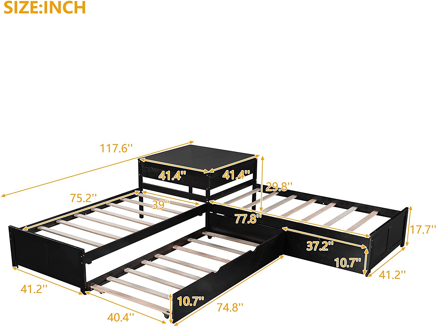 Storage Daybed With Trundle, Size L-Shaped Platform Bed With Convertible Trundle, Two Drawers Linked With Built-In Square Table For Living Room, Bedroom, Guest Room (Espresso)
