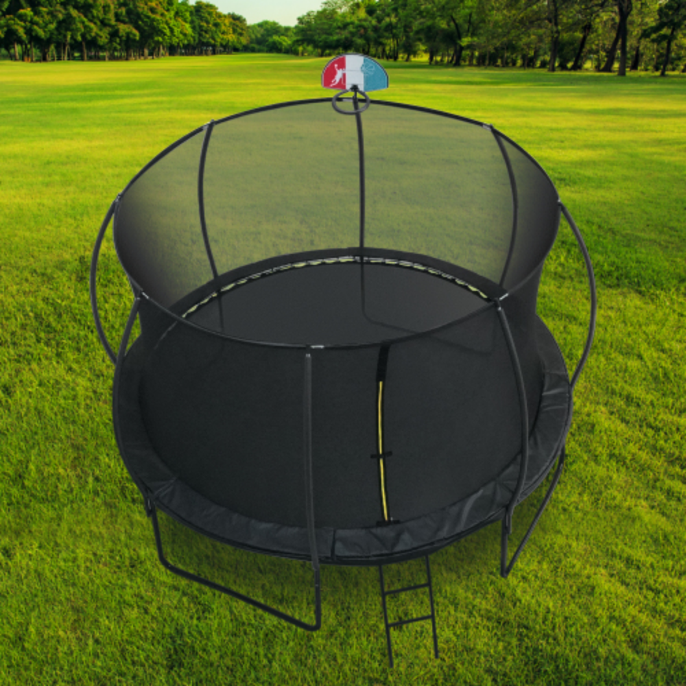 12FT TRAMPOLINE,PUMPKIN SHAPED,BOARD,SLIDE ,BASKETABLL BOARD