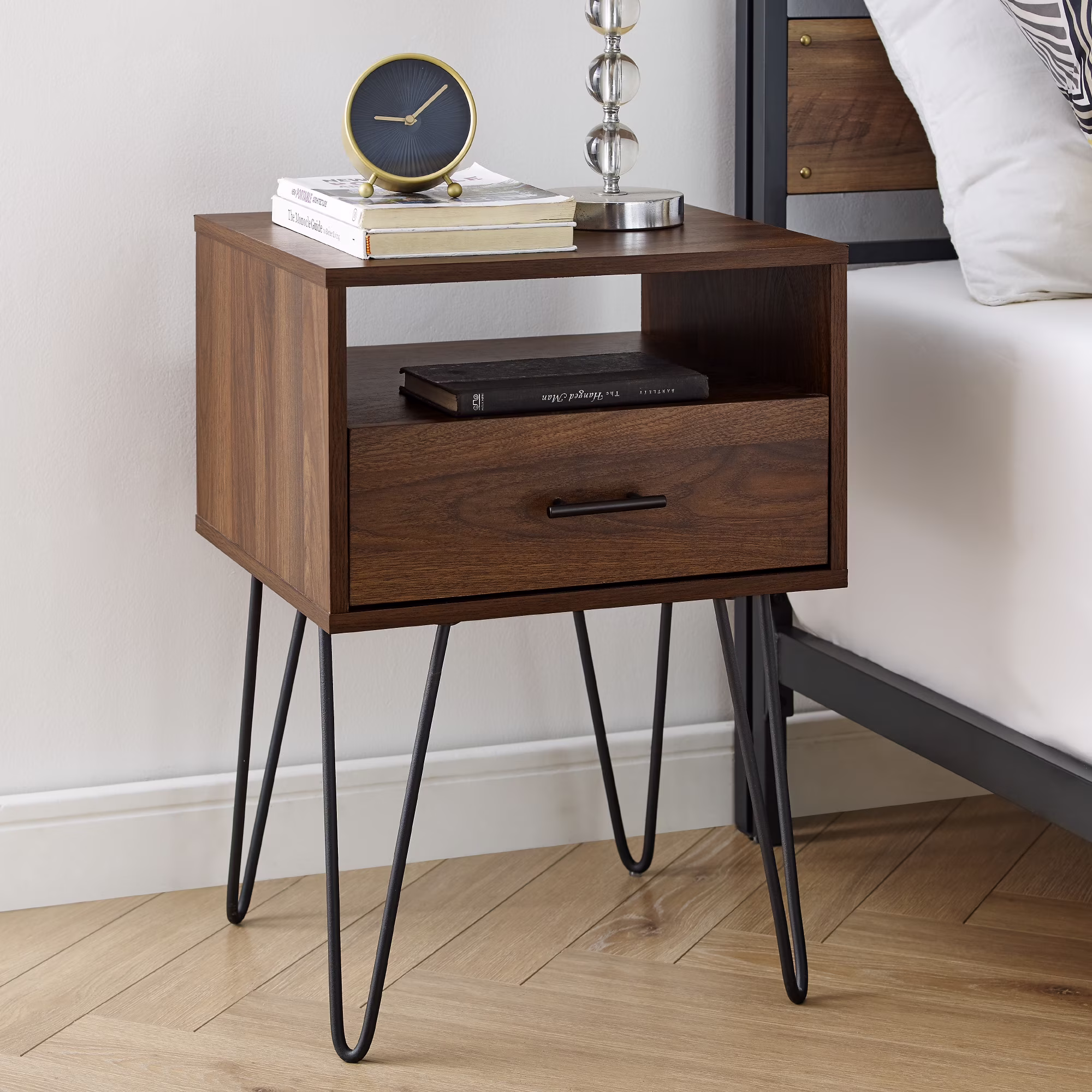 Walker Edison Mid-Century Modern Hairpin Leg Nightstand, Dark Walnut