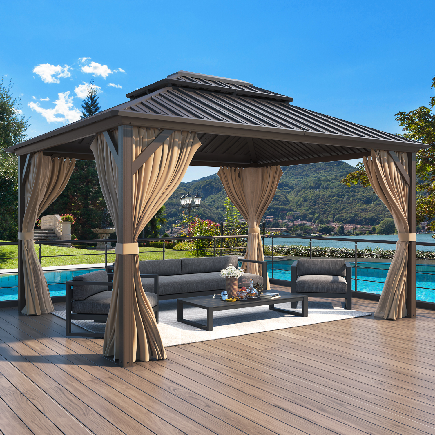 Erinnyees 10' x 12' Hardtop Gazebo, Brown Permanent Pavilion Gazebo, Galvanized Steel Metal Double Roof Aluminum Gazebo for Patios, Gardens, Lawns