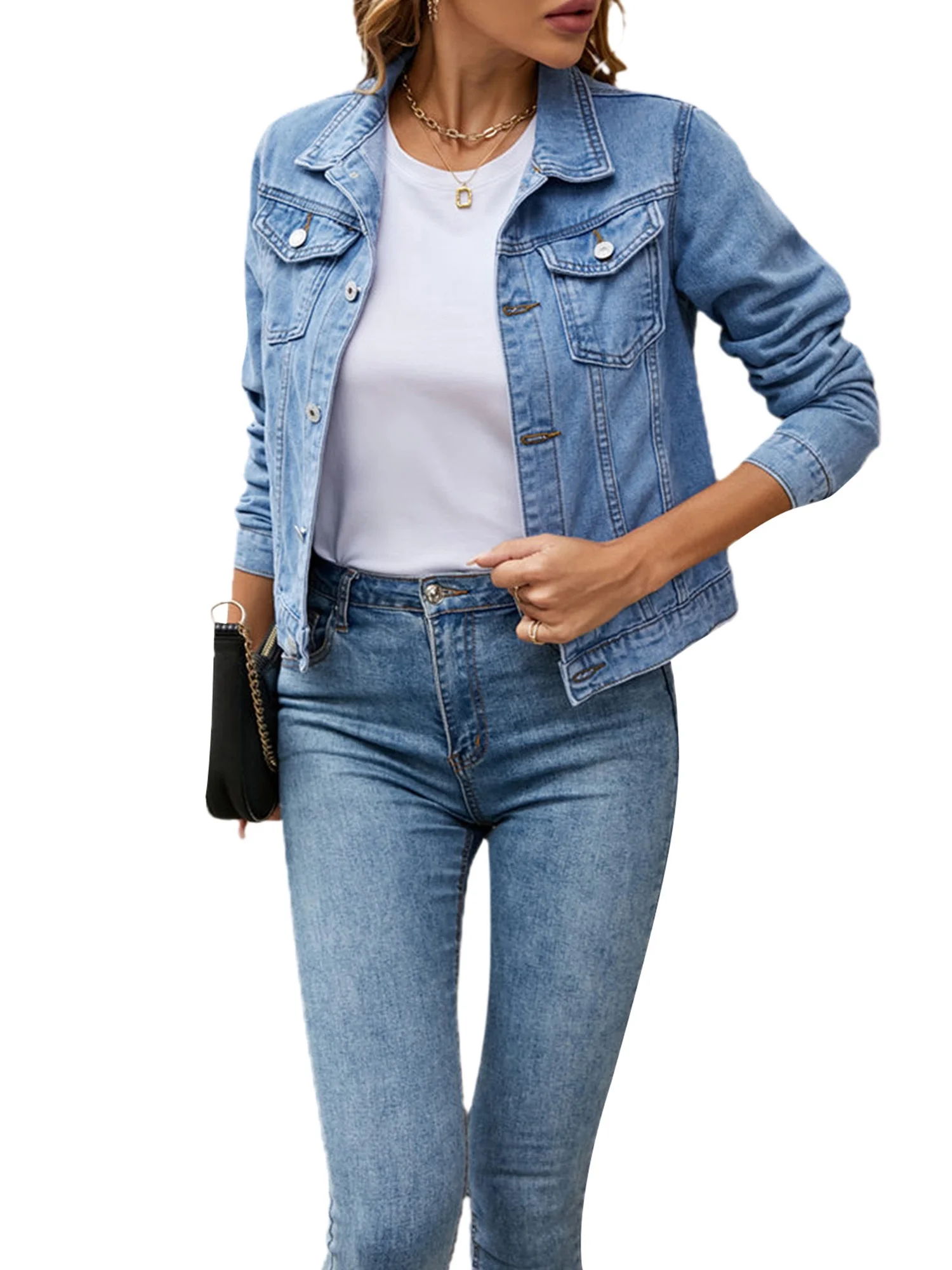 Youweixiong Women's Solid Denim Jacket Casual Long Sleeve Button Down Jean Jacket