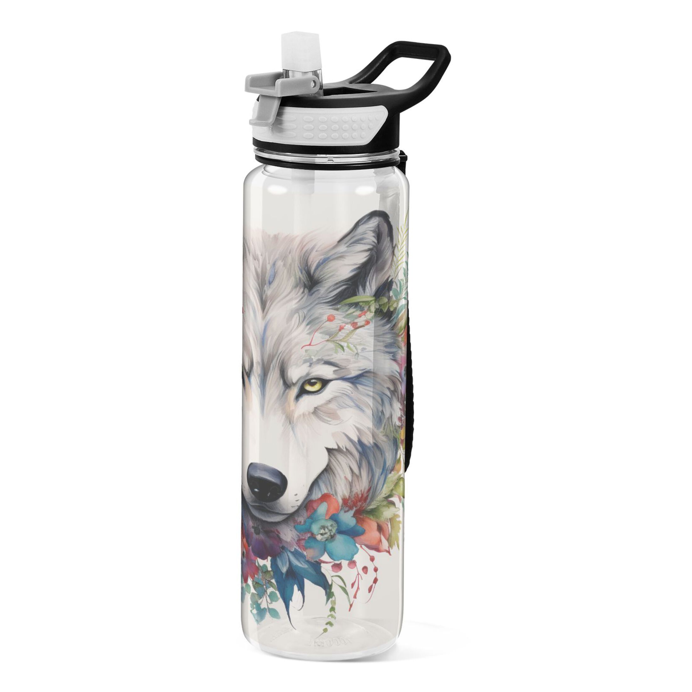 Flowers on Wolf 32oz Sports Water Bottles Leakproof Tritan Bottle with Straw BPA Free Clear Bottle for Fitness Gym Outdoor Cycling