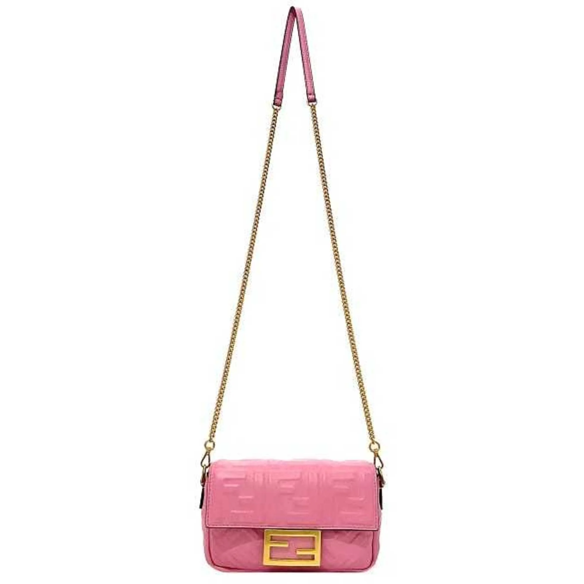 Pre-Owned Fendi Baguette Small Pink Gold 8BS017 Leather GP FENDI Shoulder Bag FF Embossed Ladies Chain (Like New)