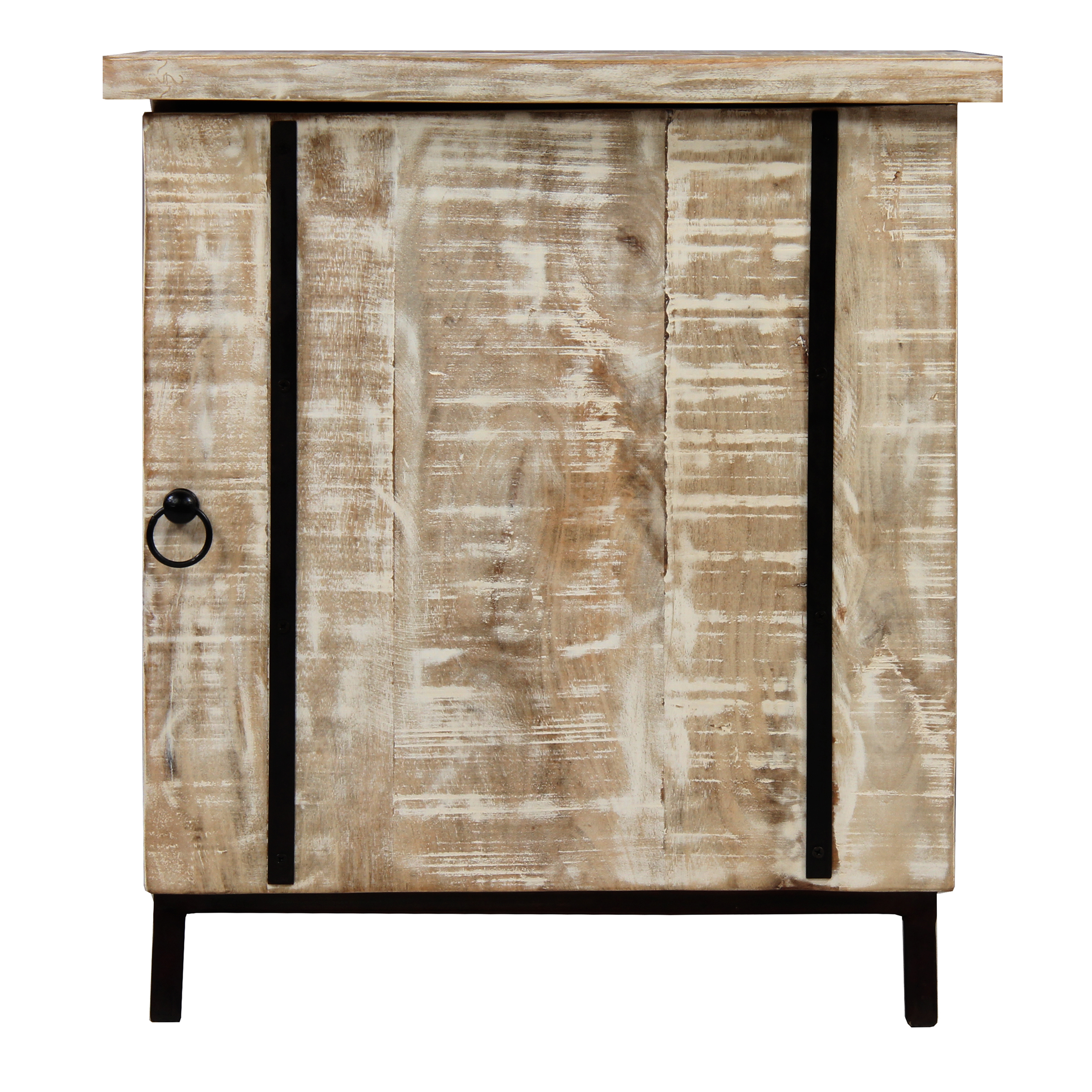 Wooden Bedside Table with 1 Door and Metal Frame, Antique White and Black, Saltoro Sherpi