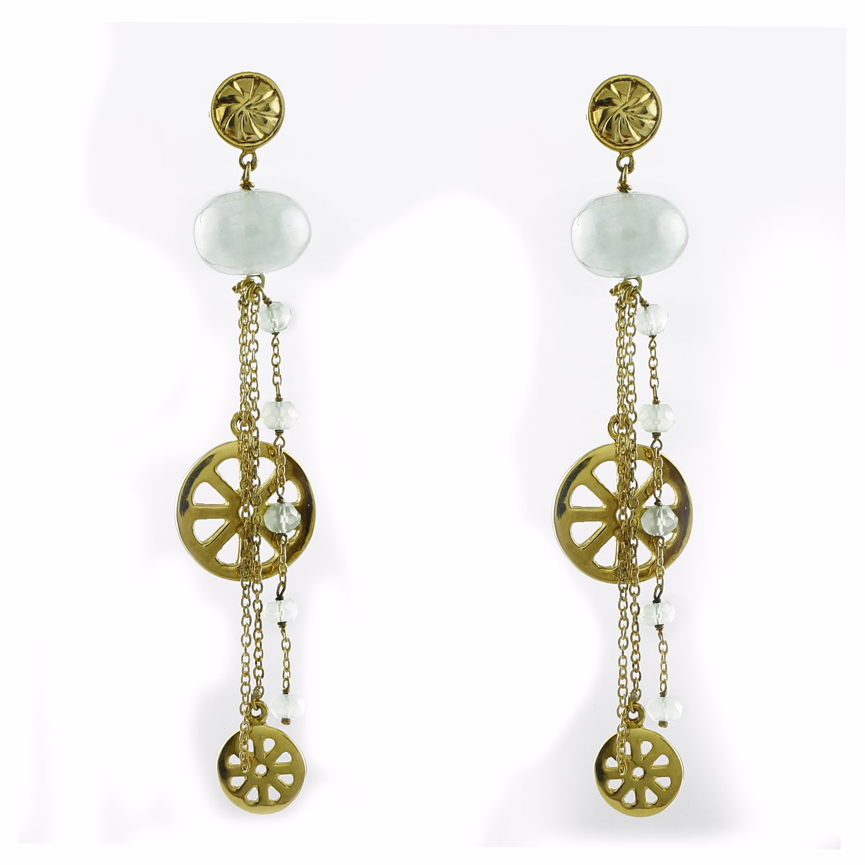 Milky Aqua Oval Ball Shape Gemstone Jewelry 18K Yellow Gold Drop Dangle Earrings For Women