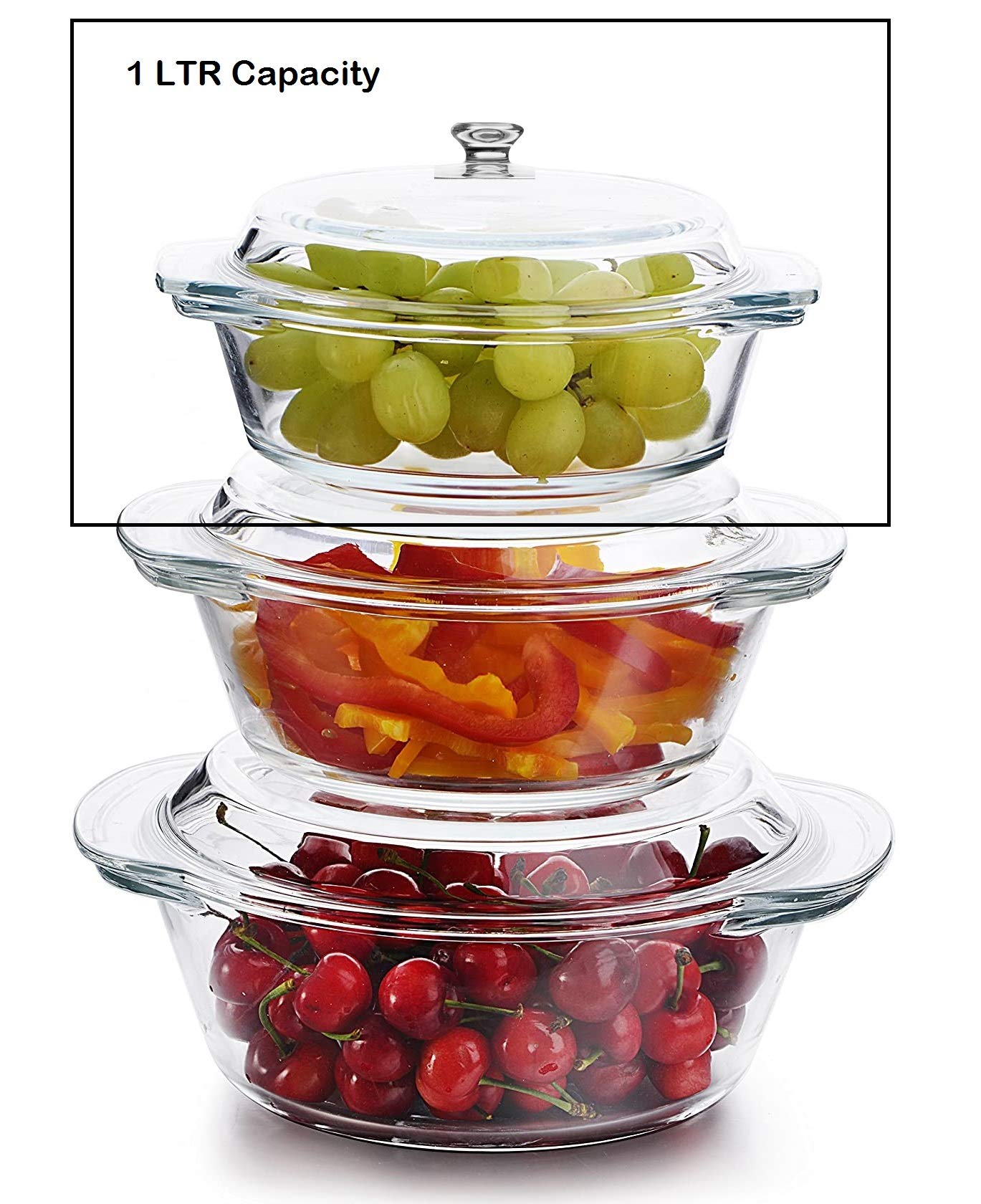 Ginoya Brothers Glass Casserole Classic Deep Round Oven And Microwave Safe Serving Bowl With Glass Lid - Set Of 3, Clear, 1 Liter