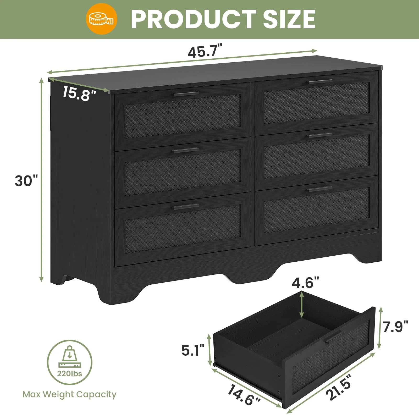 Black Chest of Drawers for Bedroom with 6 Drawers,Modern Wide Dresser with Woven Leather for Living Room Entrance