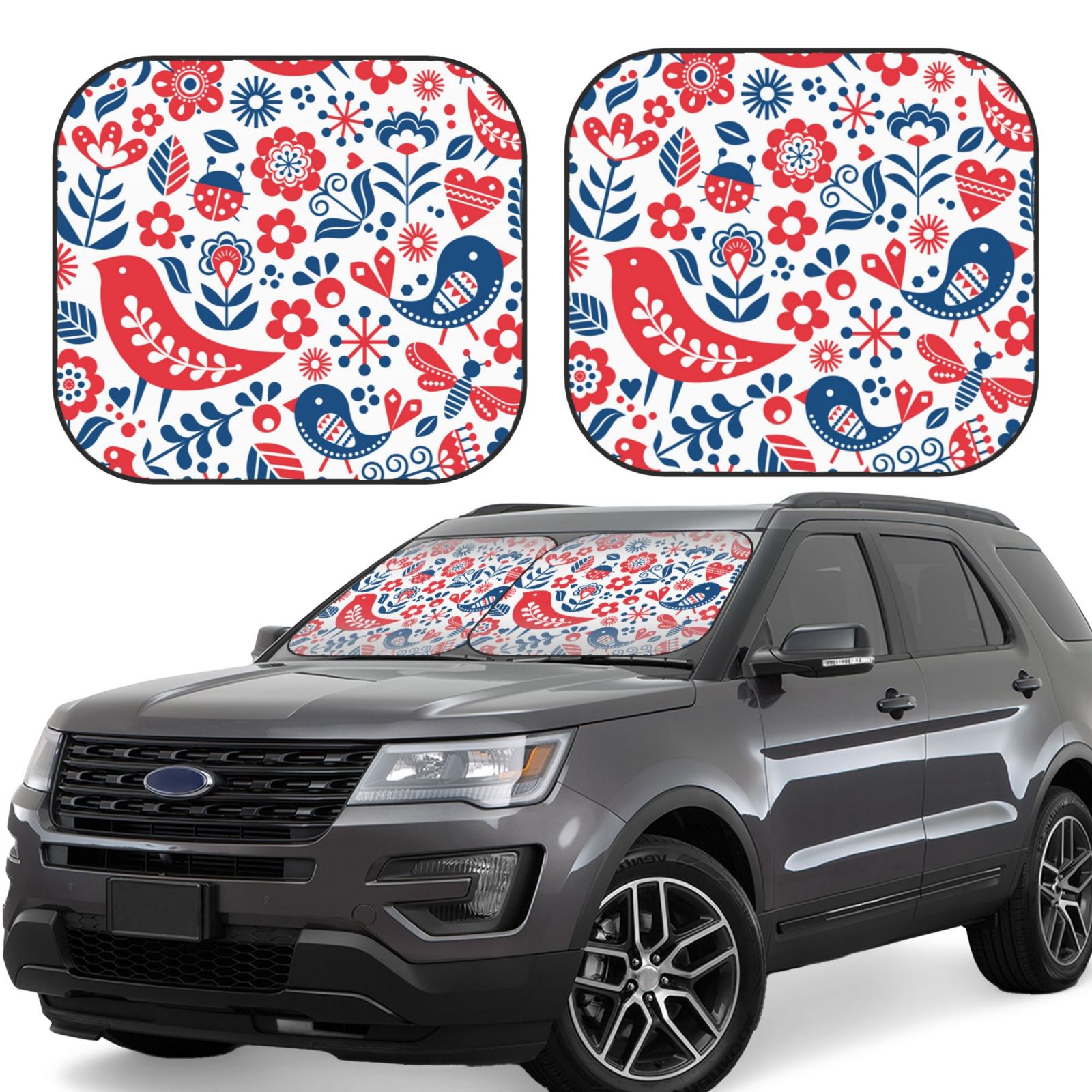 Lukts Birds Flowers Print 2 Piece Car Sun Shade Windshield,Foldable Car Shade Front Windshield With Keeps Your Vehicle Cool, For Most Sedans Suv And Trucks - Small
