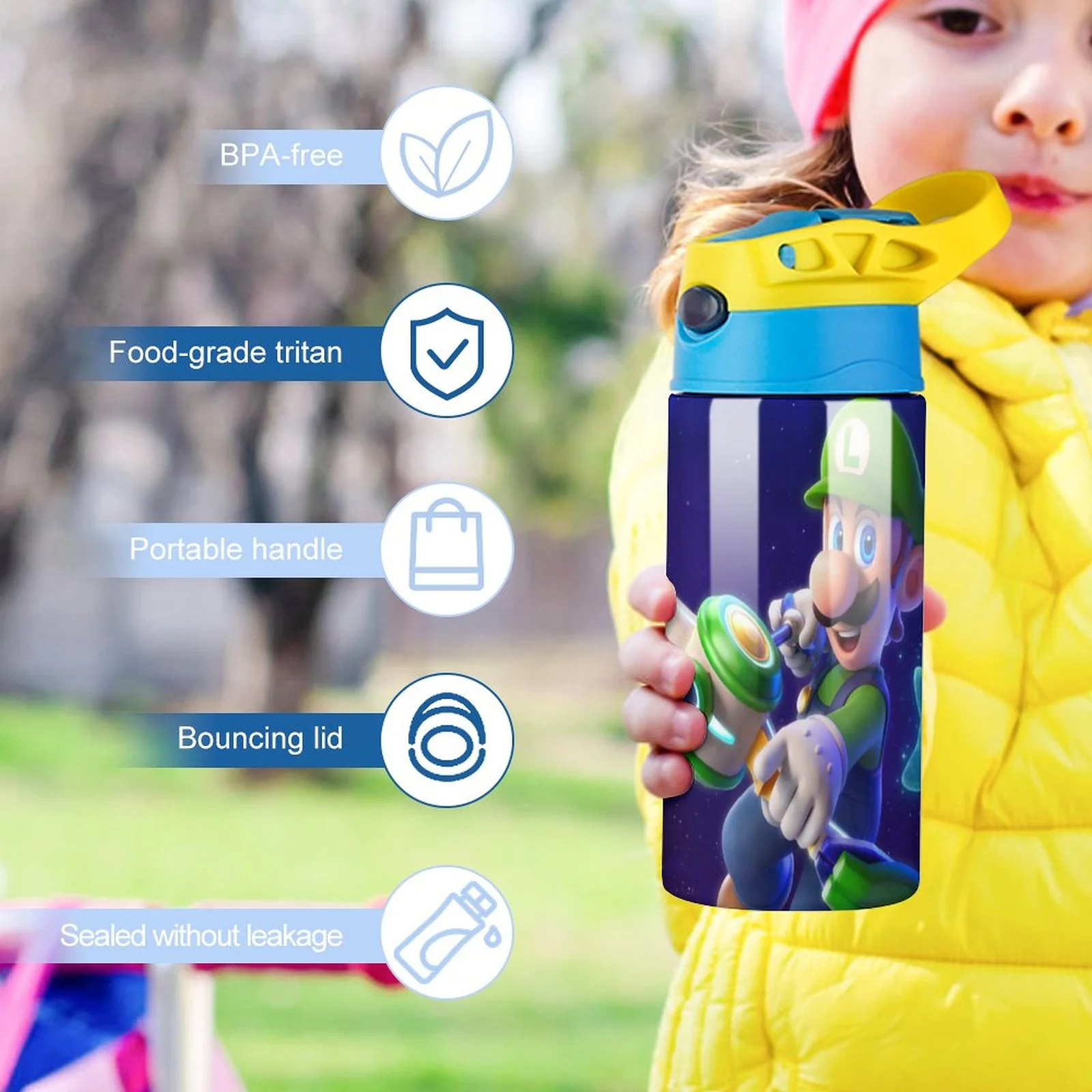 Luigi's Mansion Shot Kid's Insulated Water Bottle With Straw Vacuum Stainless Steel Cup Leak-Proof Children Toddler Thermoses