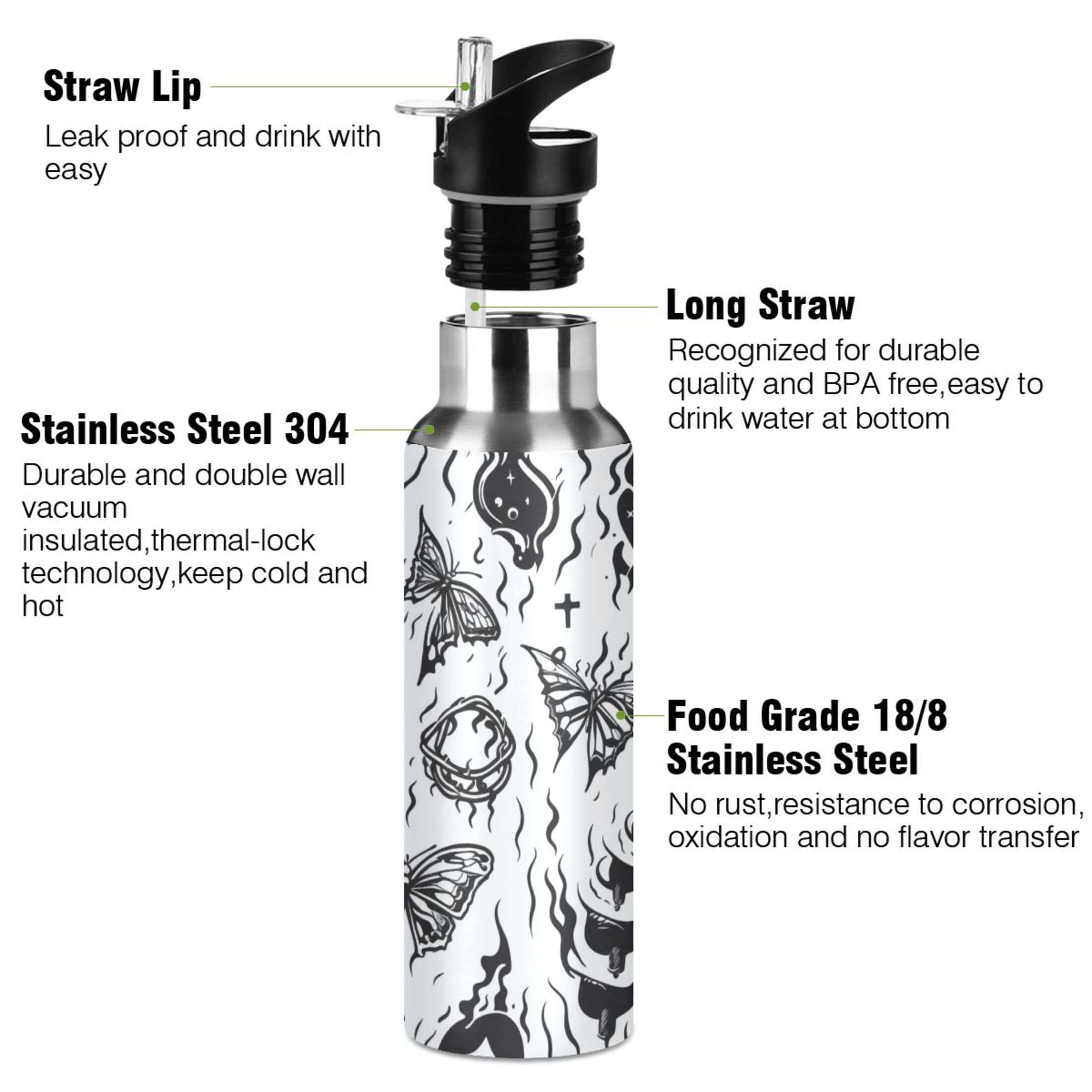 Abstract Butterfly Water Bottles Insulated Thermos Kids Stainless Steel Bottle with Straw Lid Flask Leakproof for Sports Gym 20 oz