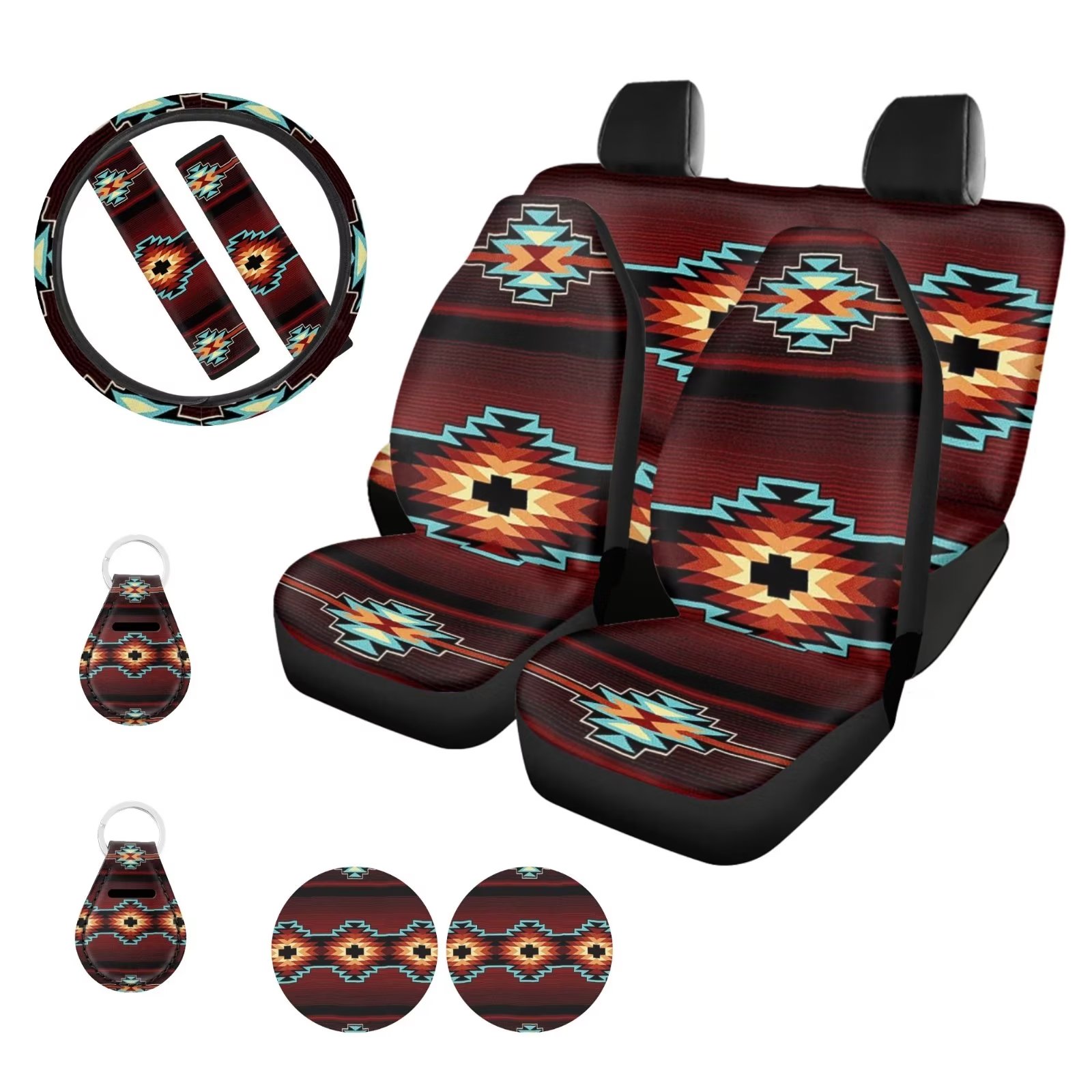 Binienty Car Seat Covers Full Set Aztec African Tribal Auto Accessories,2 Geometric Keyring+2 Cup Coaster+2 Seatbelt Cover+1 Steering Wheel Cover+4 Sedan/Truck Front & Back Cushion Protectors