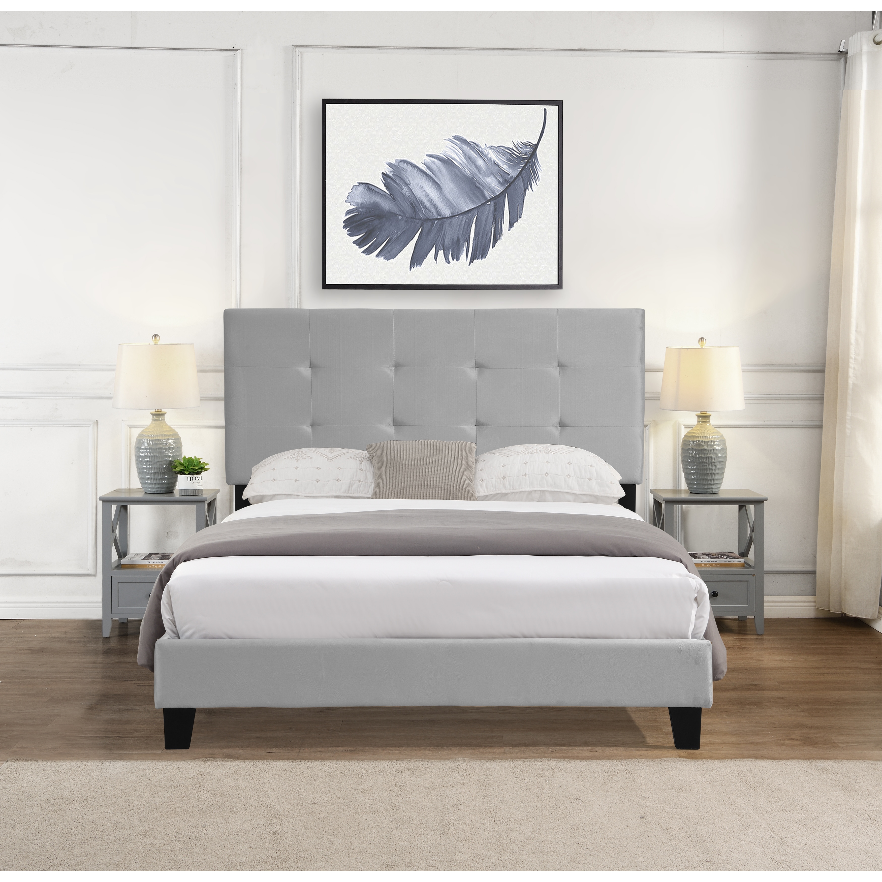 Modern Upholstered Platform Bed Frame with Tufted Headboard, Full Size Queen