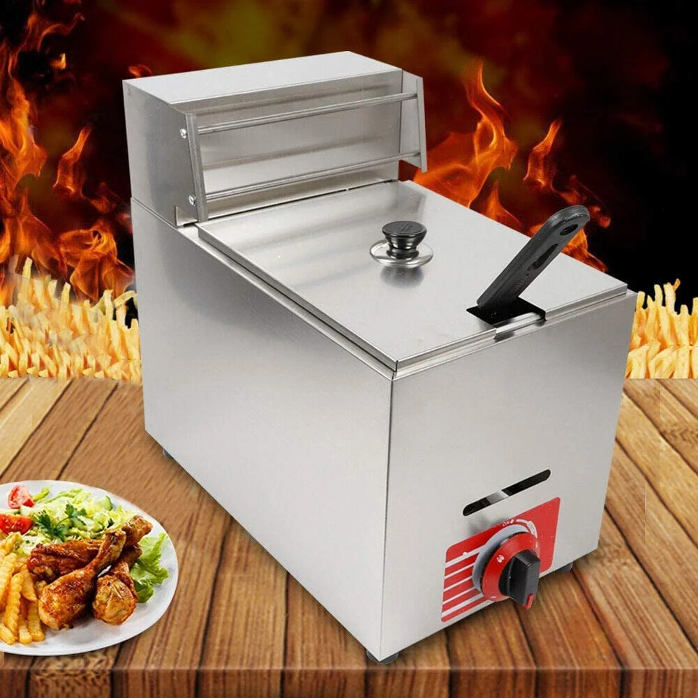 ANQIDI 10L Commercial Gas Fryer Desktop Stainless Steel Fryer with Deep Basket + Lid