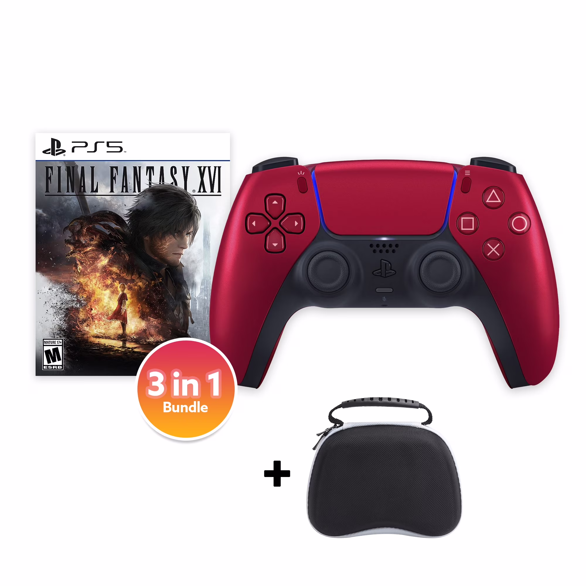 PlayStation 5 DualSense Controller Volcanic Red with Final Fantasy XVI and Mytrix Hard Shell Controller Protective Case - 3 in 1 Bundle for PS5