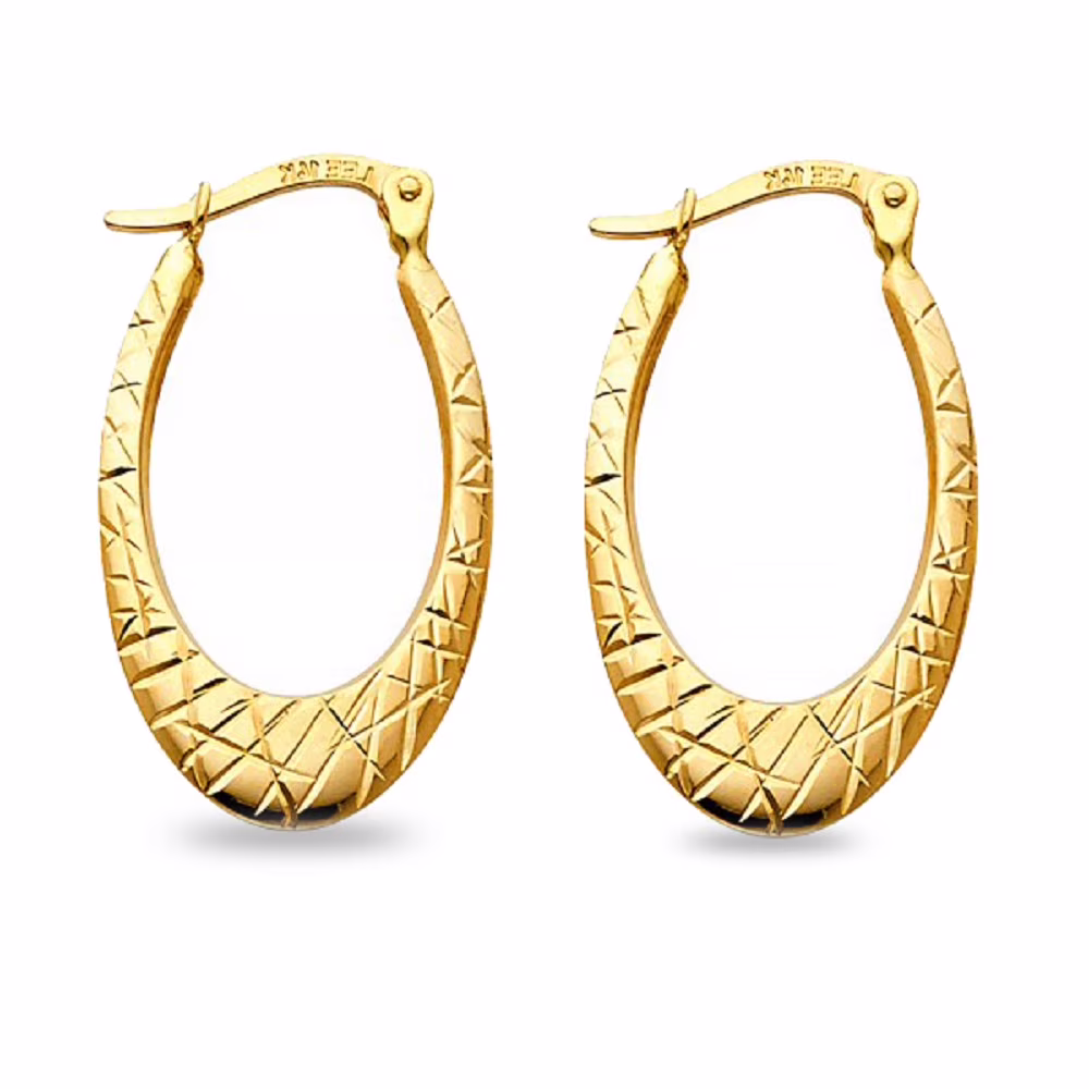 Ladies Oval Hoops Diamond Cut Earrings French Lock 14k Yellow Gold Fancy Design Genuine 25mm x 1.7mm