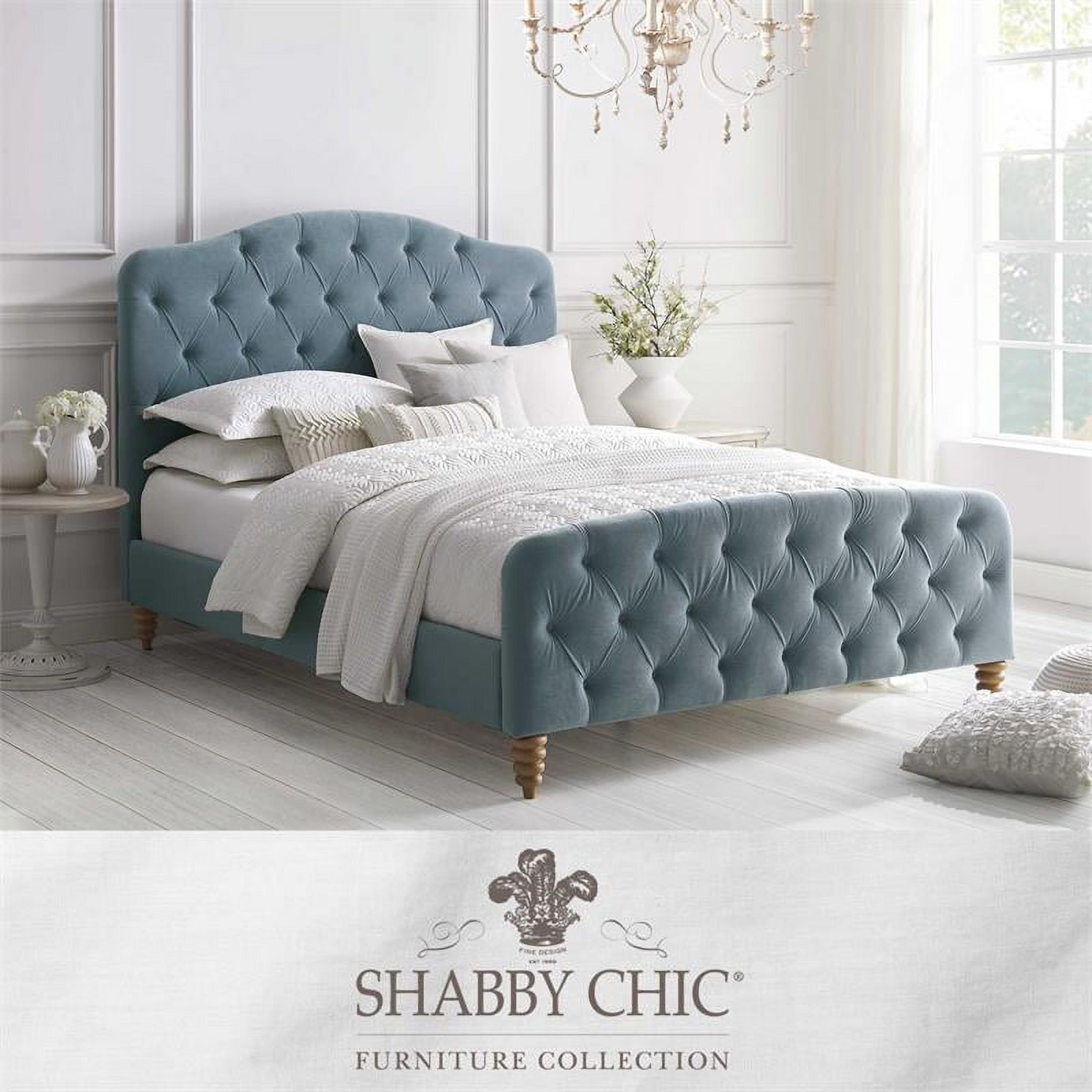 Calliope Bed Light Blue Velvet Queen Diamond Tufted Headboard and Footboard