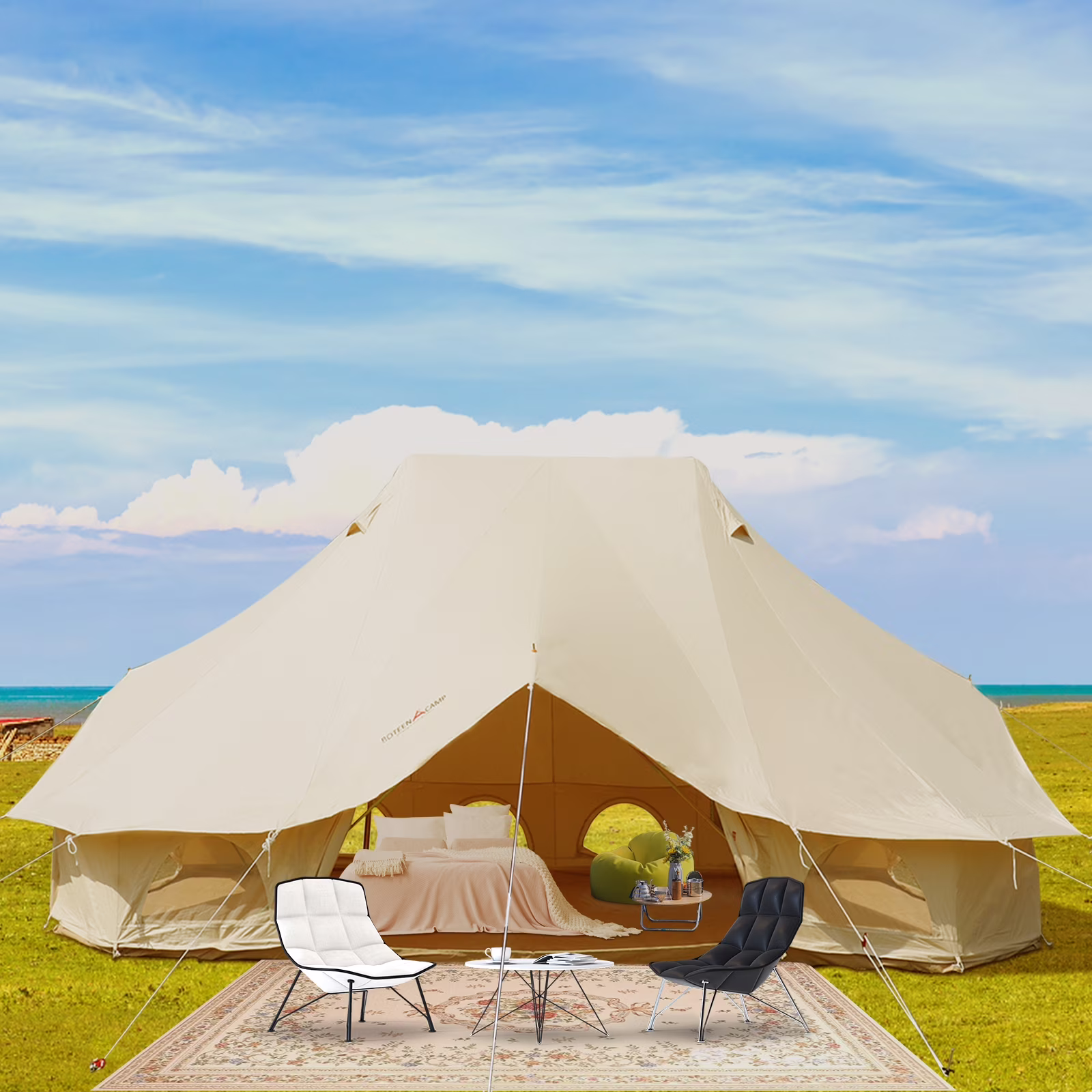 SKYSHALO Bell Tent Canvas 19.7x13.1x9.8 ft Yurt Beige Canvas Tent Cotton Glamping Tents 8-12 Person 4 Season Teepee Tent Portable for Adults Luxury Safari Tent for Family Outdoor Camping Lightweight