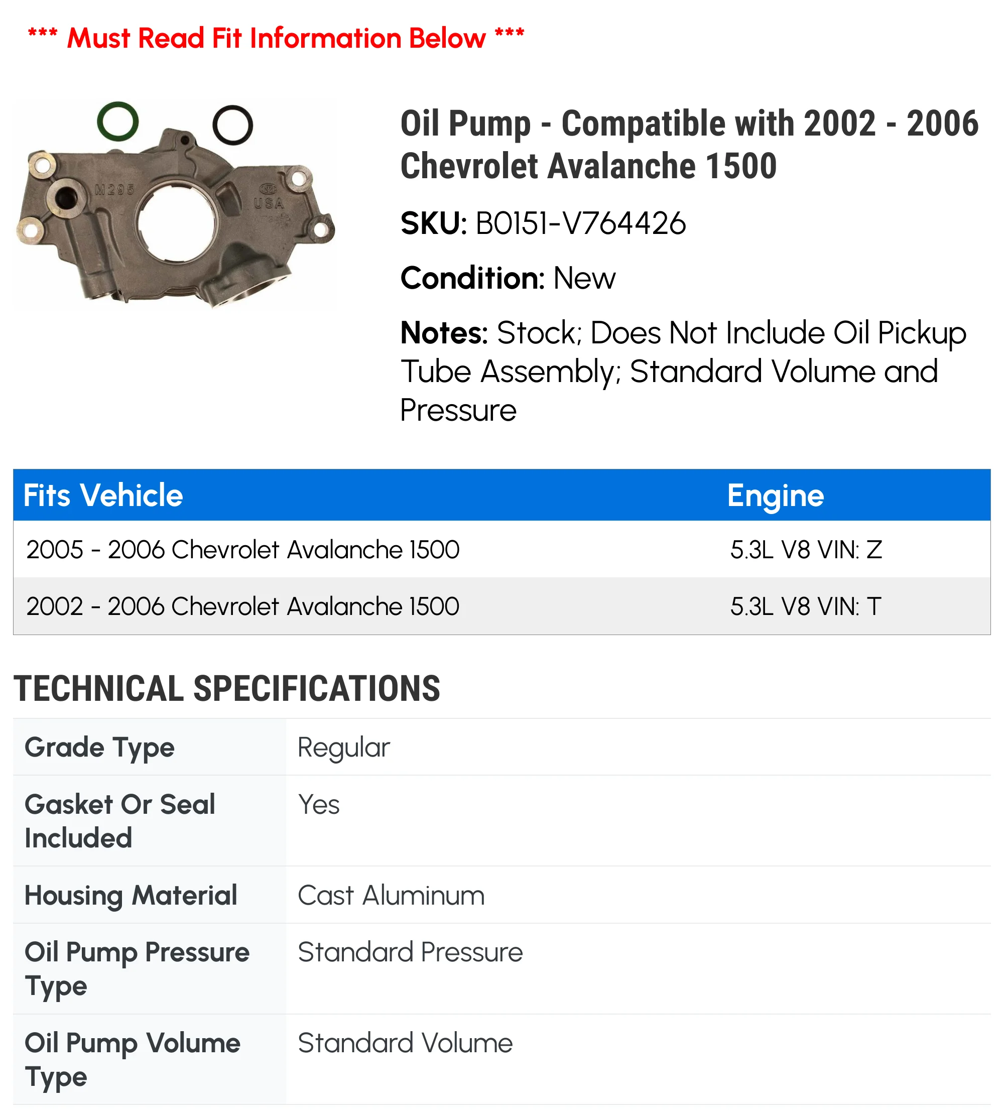 Oil Pump - Compatible with 2002 - 2006 Chevy Avalanche 1500 2003 2004 2005