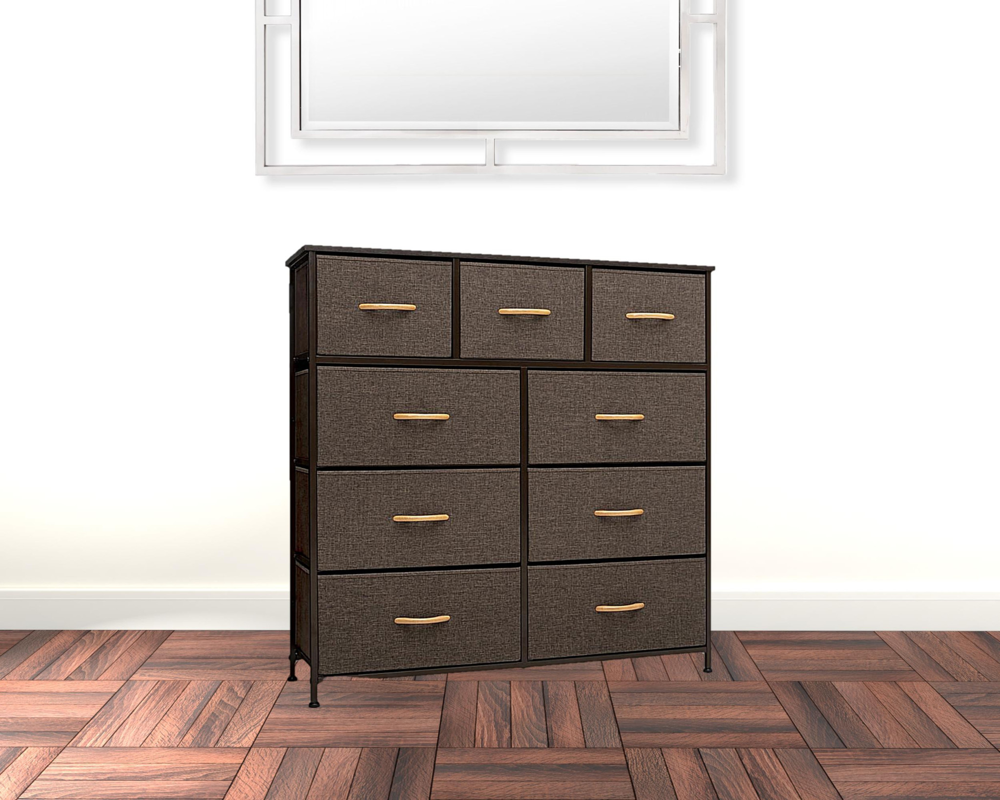 HomeRoots 484699 39 in. Brown Steel & Fabric Nine Drawer Triple Dresser