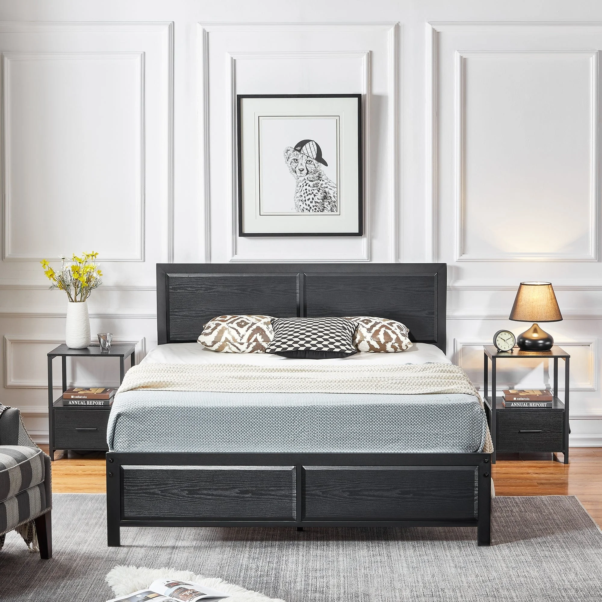 Bedroom Set of 3 Wood Headboard Platform Bed Frame Set of 2 Nightstands with Charging Station USB Port USB Brown Set Twin