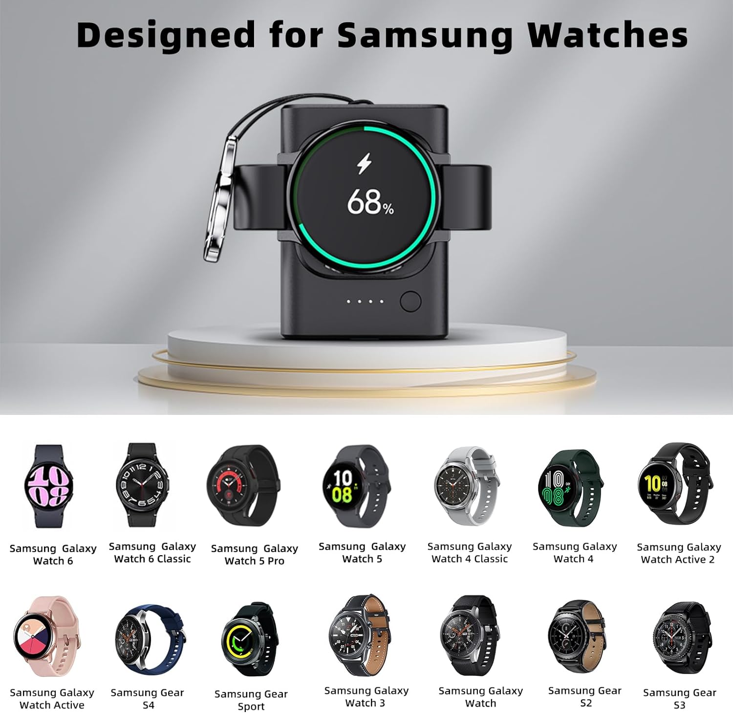 Portable Watch Charger for Samsung, Galaxy Watch 5 Charger, 1800mAh Travel Charger for Samsung Watch 4 Accessories for Samsung Galaxy Watch 5/5 Pro/4 Classic/3/Active 2/Gear S2/S3/S4, with Keychain