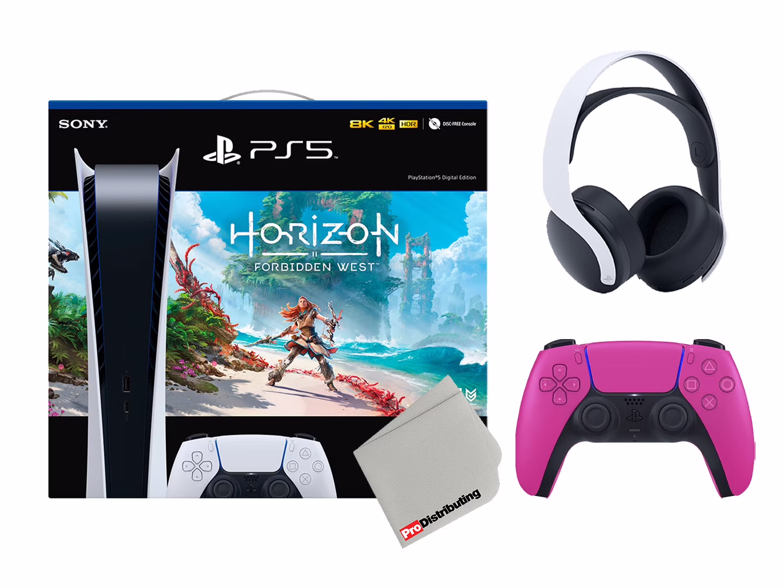 Sony Playstation 5 Digital Edition Horizon Forbidden West Bundle with Extra Pink Controller, White PULSE 3D Wireless Gaming Headset and Microfiber Cleaning Cloth