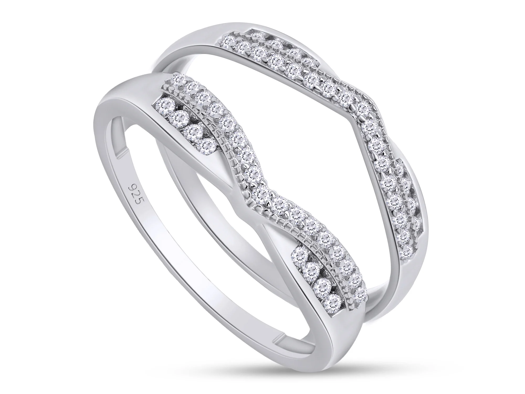 1/3 ct t.w Round Cut Lab Created Moissanite Diamond Wedding Band Enhancer Guard Double Chevron Ring In 14K White Gold Over Sterling Silver (D Color,VVS1 Clarity 0.33 Cttw)-4